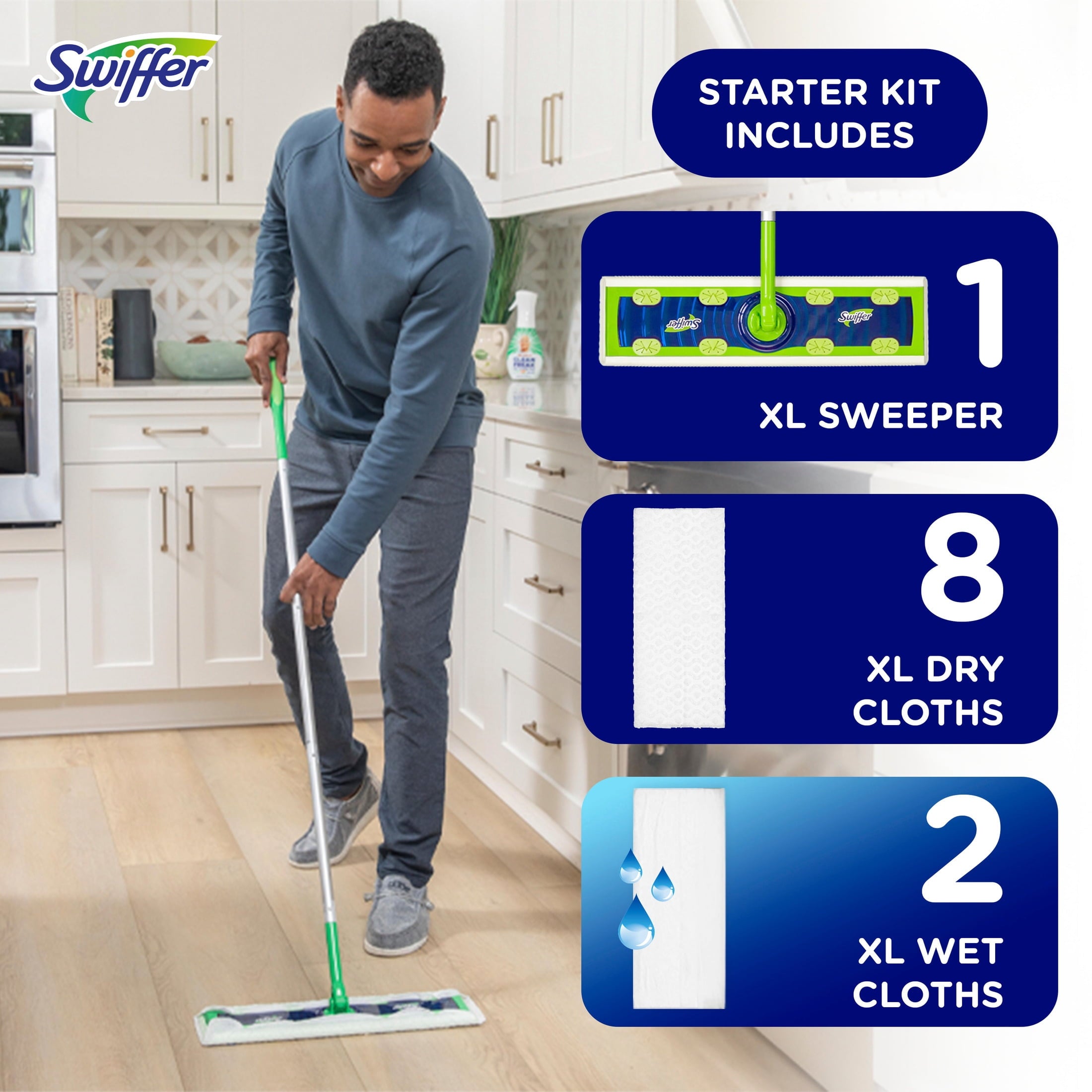 Swiffer Sweeper XL Kit with Dry & Wet Refills - Unscented, 1 Handle + 8 XL Dry pads & 2 XL Wet Pads