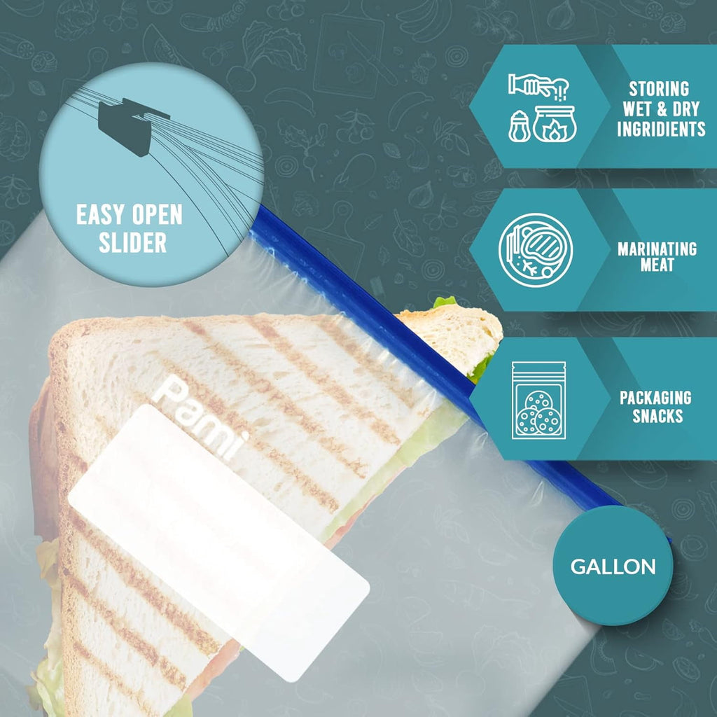 PAMI Food Storage Bag with Slider Zipper - 40 count Expandable Bottom Leakproof Plastic Gallon Ziploc Bags