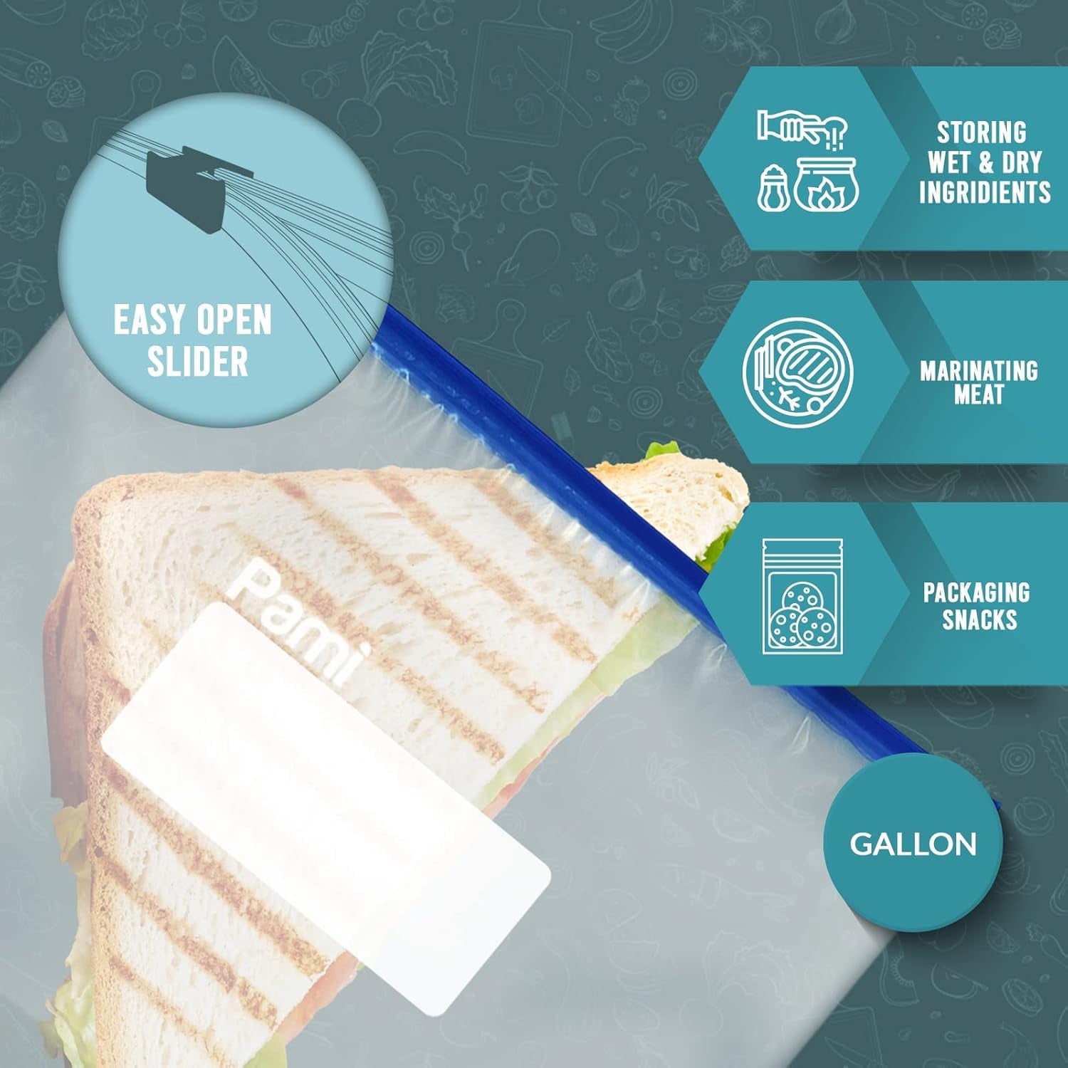 PAMI Food Storage Bag with Slider Zipper - 40 count Expandable Bottom Leakproof Plastic Gallon Ziploc Bags