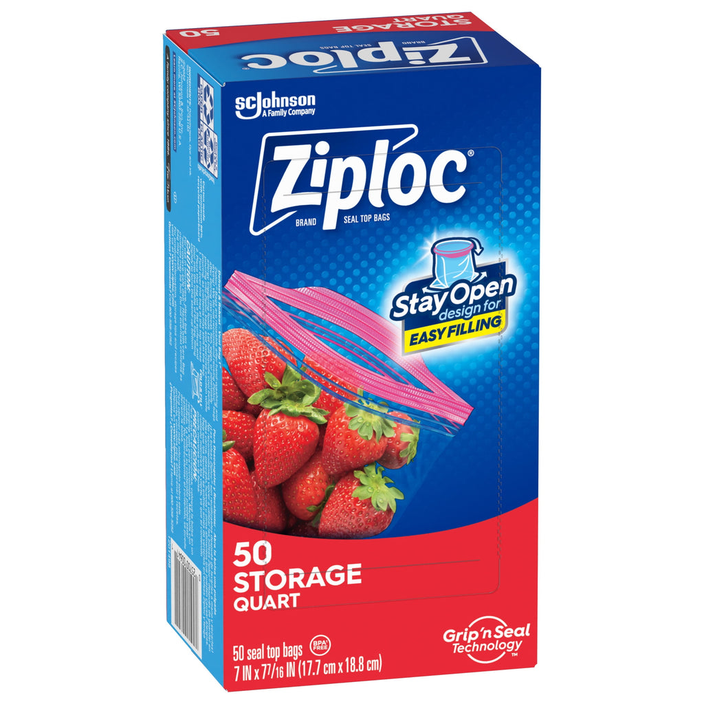 Ziploc Brand Food Storage Bags - School Supplies, with Grip 'n Seal Technology, Zipper, Quart, 50 Count