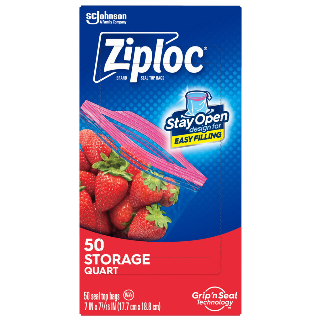 Ziploc Brand Food Storage Bags - School Supplies, with Grip 'n Seal Technology, Zipper, Quart, 50 Count