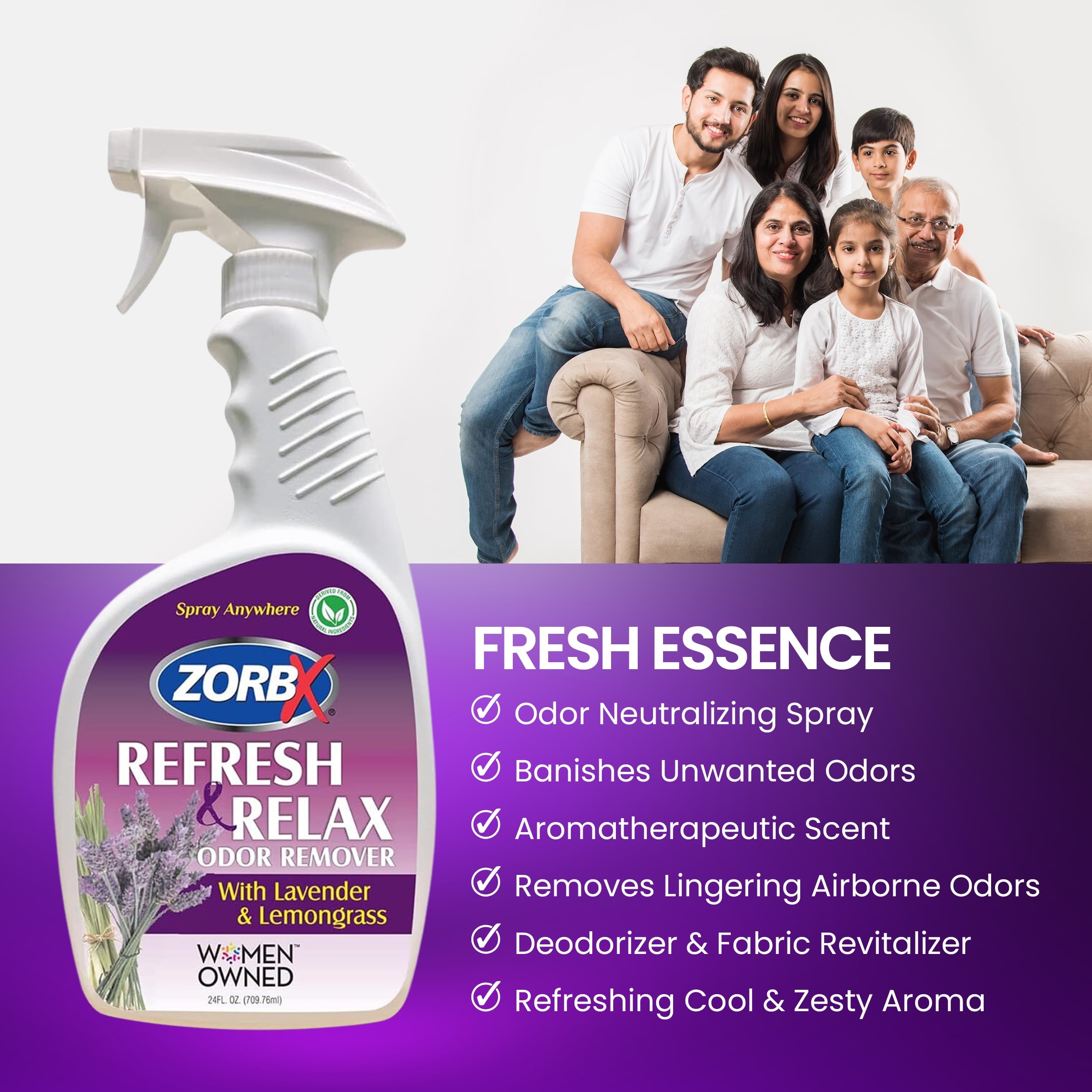 ZORBX Odor Remover Air Freshener with Lavender & Lemongrass 24 oz Fabric Freshener Spray For Home - Car & Clothes