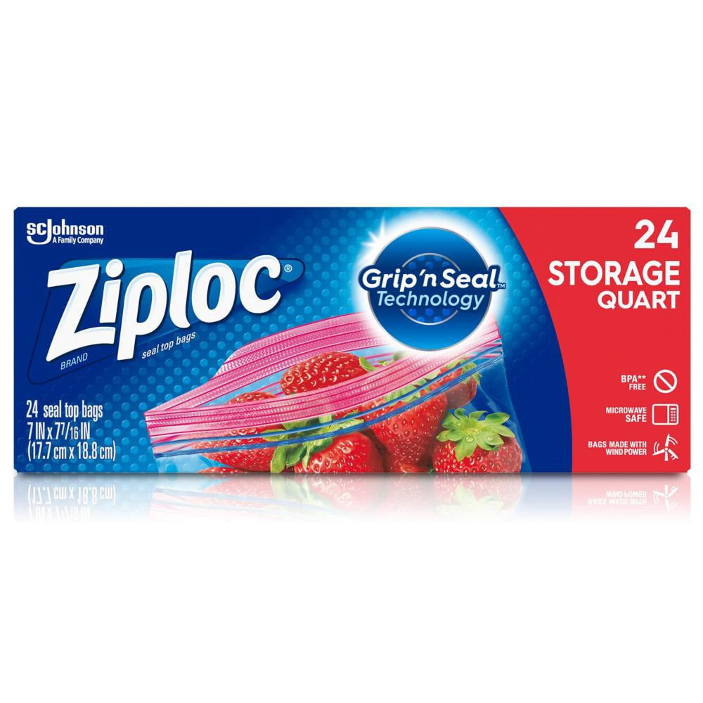 Ziploc Storage Quart Bags Grip 'n Seal Microwave Clear Plastic 24 Count - 2 Pack