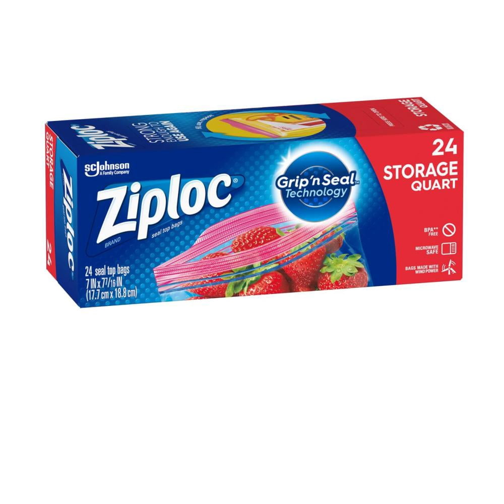 Ziploc Storage Quart Bags Grip 'n Seal Microwave Clear Plastic 24 Count - 2 Pack