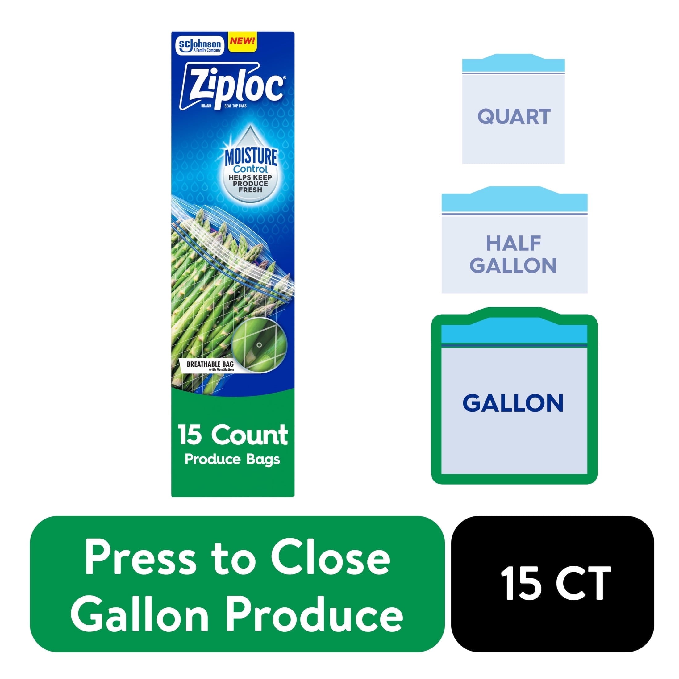 Ziploc Gallon Produce Storage Bags - Breathable Bag, Moisture Control, 15 count - 2-Pack
