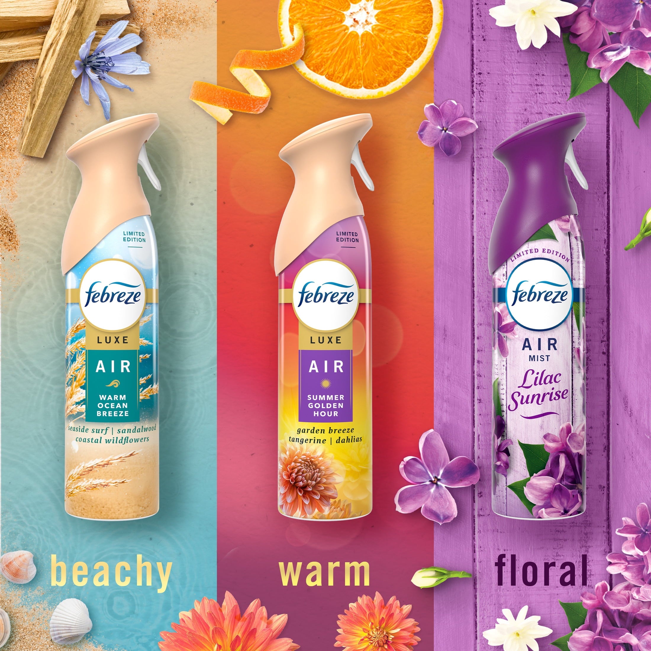 Febreze Air - Lilac, Warm Ocean Breeze, Summer Golden Hour, 8.1oz, 3 Count