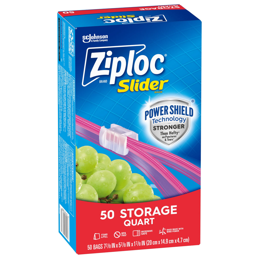 Ziploc Brand Slider Quart Food Storage Bags - School Supplies, with Power Shield Technology, Zipper, 50 Count
