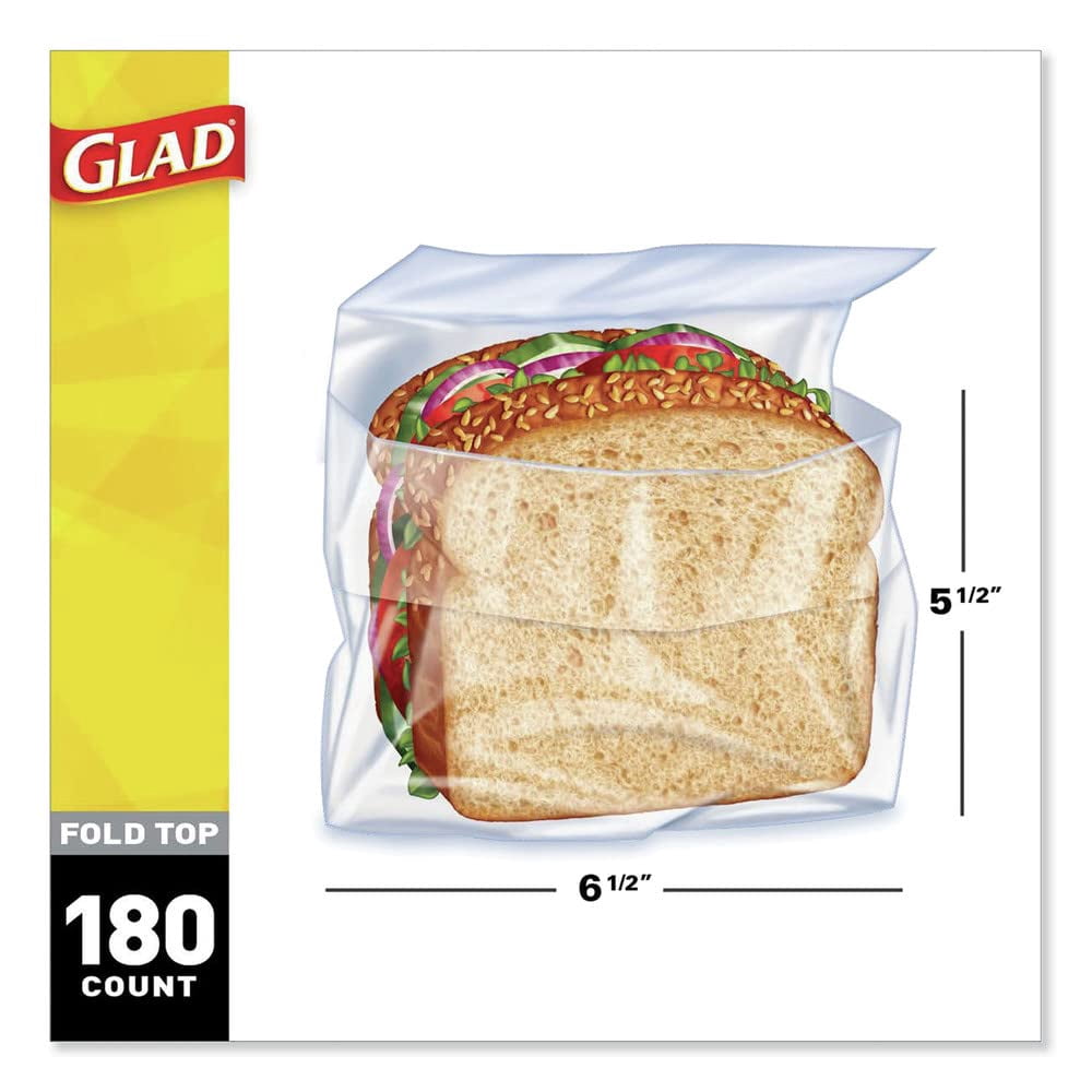 Glad 60771 Fold-Top Sandwich Bags - 6 1/2 x 5 1/2, Clear, 180 per Box, 12 Pack C33