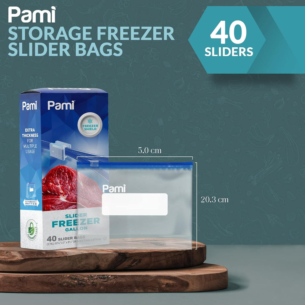 PAMI Food Storage Bag with Slider Zipper - 40 count Expandable Bottom Leakproof Plastic Gallon Ziploc Bags