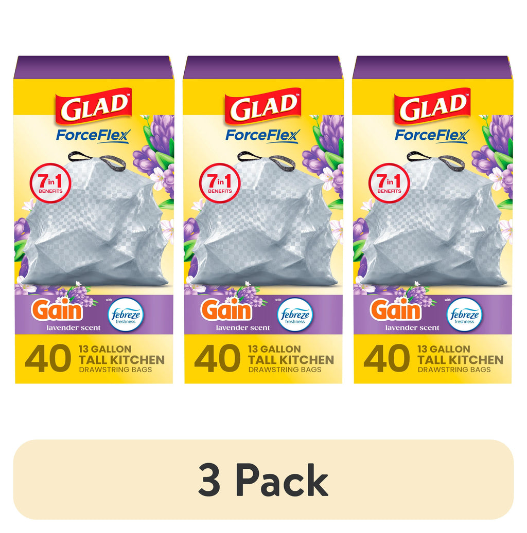 Glad ForceFlex Tall Kitchen Drawstring Trash Bags - 13 Gal, Gain Lavender, 40 Count - 3-Pack