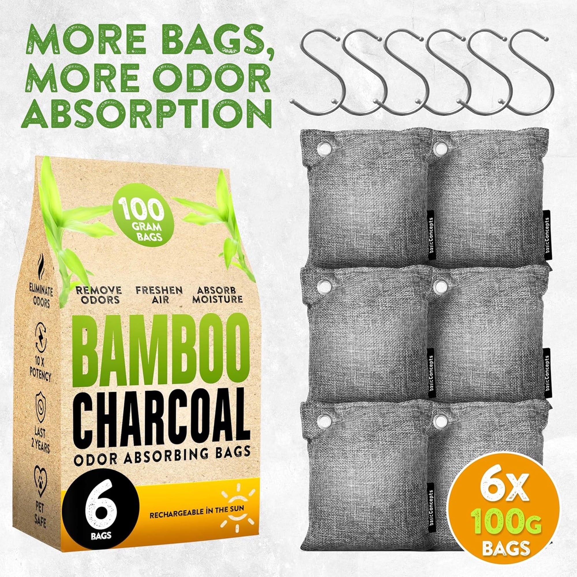 Basic Concepts Activated Charcoal Odor Absorber for Strong Odor - Bamboo Charcoal Air Purifying Bag - 6 Pack