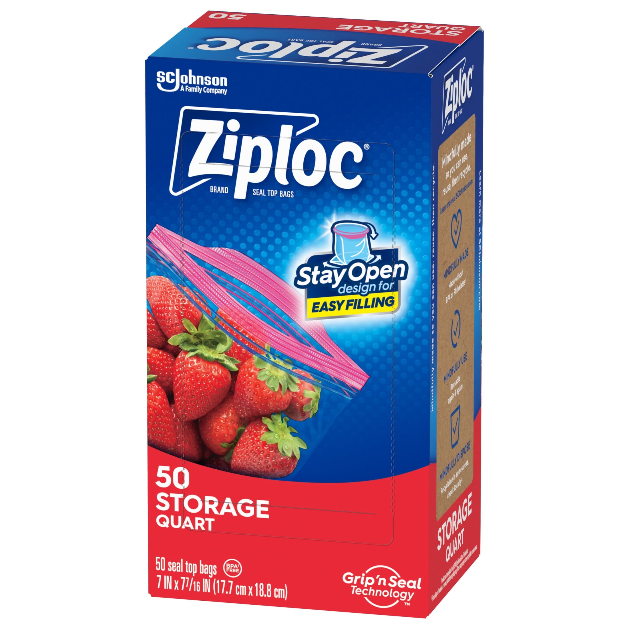 Ziploc Brand Food Storage Bags - School Supplies, with Grip 'n Seal Technology, Zipper, Quart, 50 Count