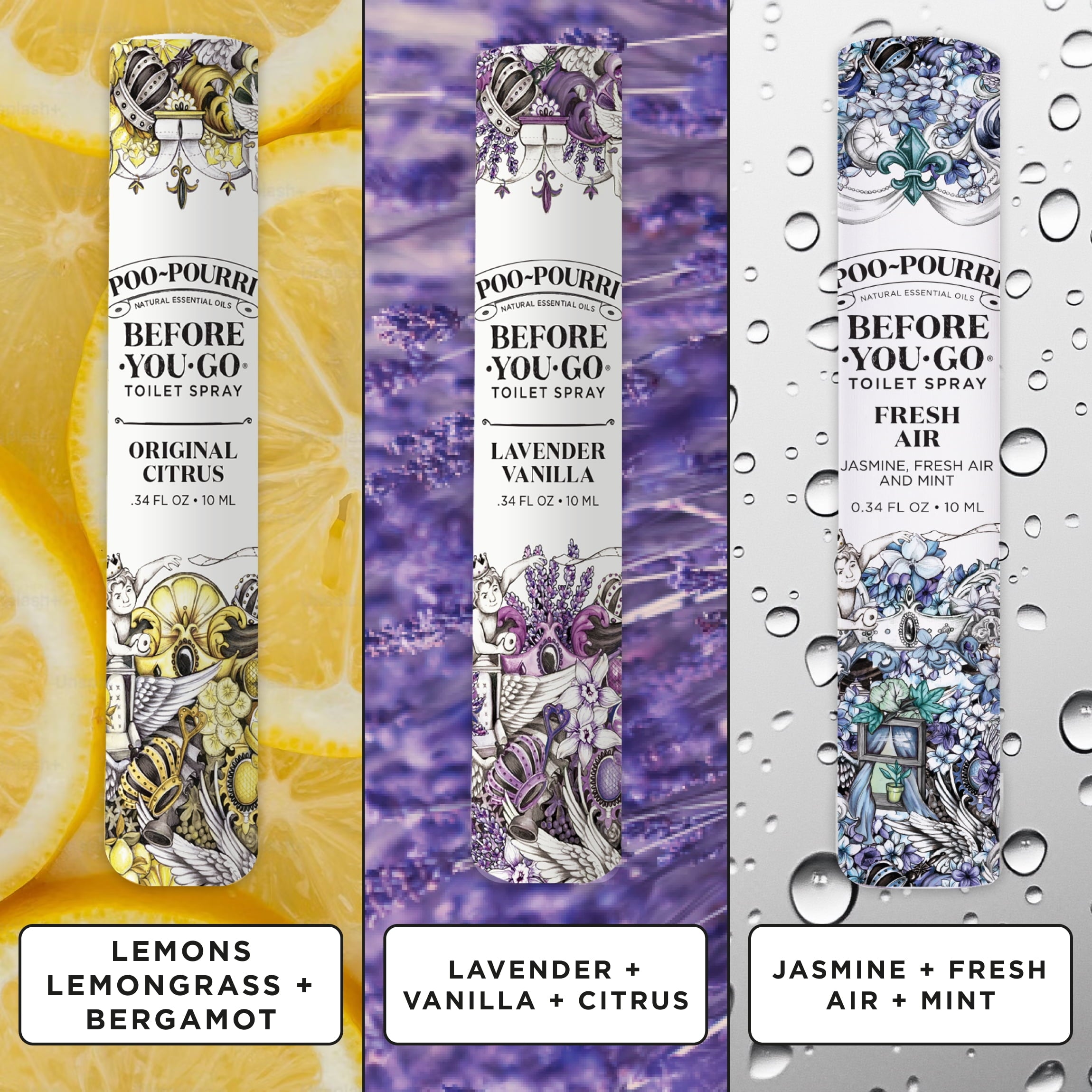 Poo-Pourri Before-You-Go Toilet Spray - On-The-Go, Travel Size Variety 10 mL - Original Citrus, Lavender Vanilla and Fresh Air