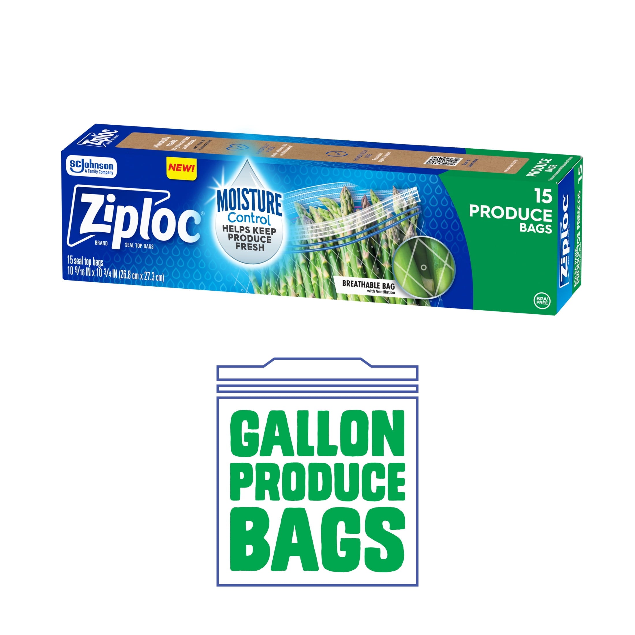 Ziploc® Brand Gallon Produce And Food Storage Bags - Breathable Bag, Moisture Control, 15 Count