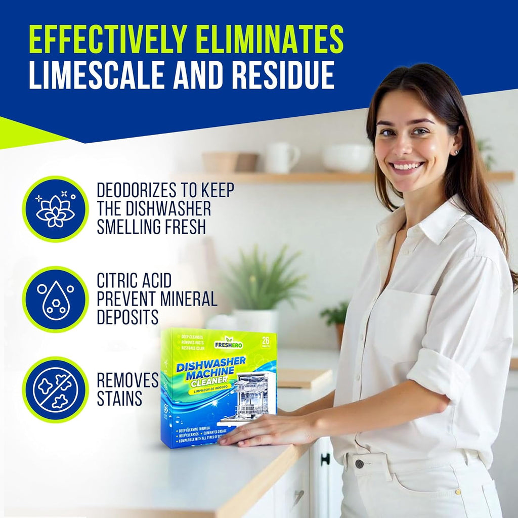 Dishwasher Cleaner and Deodorizer Tablets 26-Pack - Deep Cleaning Descaler for Dishwasher Machine, Heavy Duty, Septic Safe, Removes Grease & Build-ups, 1 Year of Cleaning Supplies (No Scent)