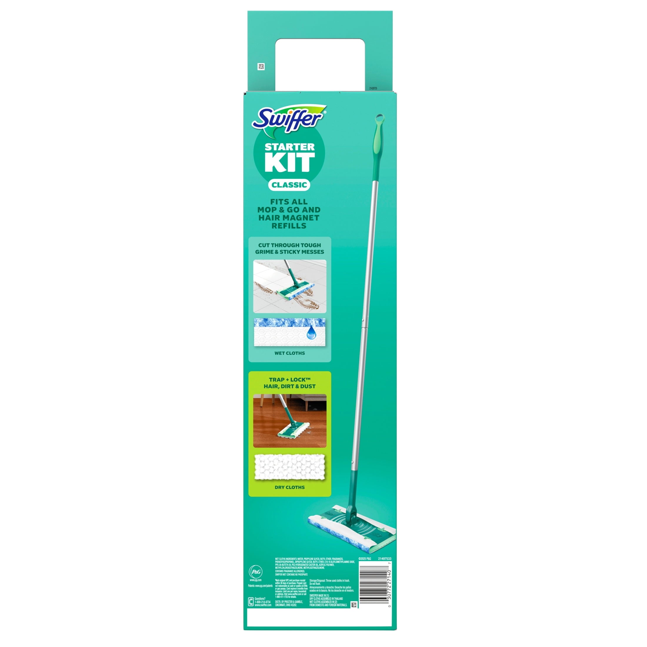 Swiffer Starter Classic Kit (1 Device - 2 Hair Magnet Dry Cloths, 2 Mop & Go Wet Cloths)