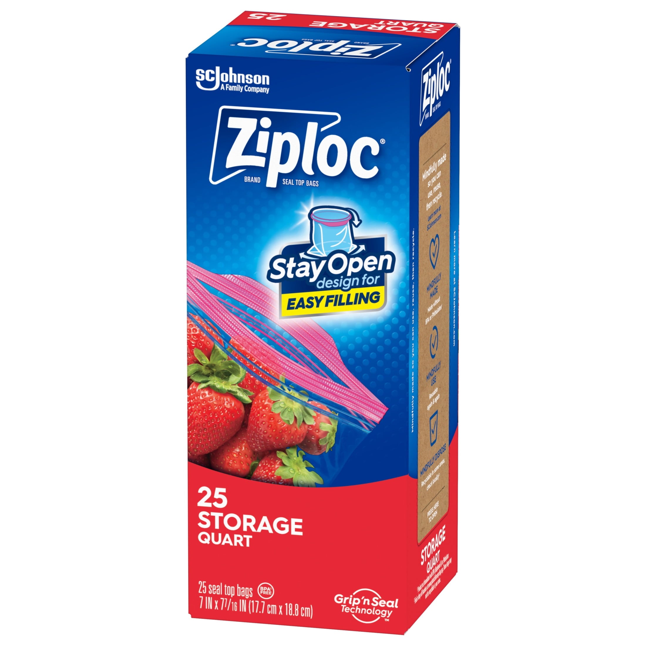 Ziploc Brand Food Storage Bags - School Supplies, with Grip 'n Seal Technology, Zipper, Quart, 25 Count