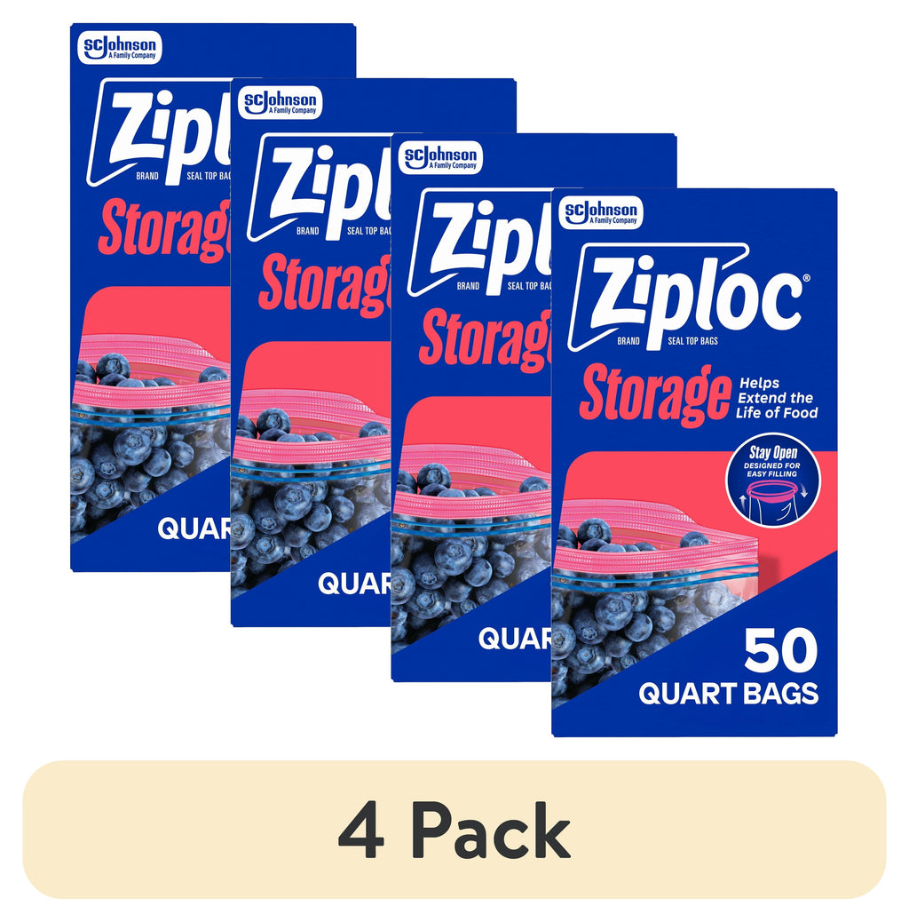Ziploc Brand Food Storage Bags - School Supplies, with Grip 'n Seal Technology, Zipper, Quart, 50 Count - 4-Pack
