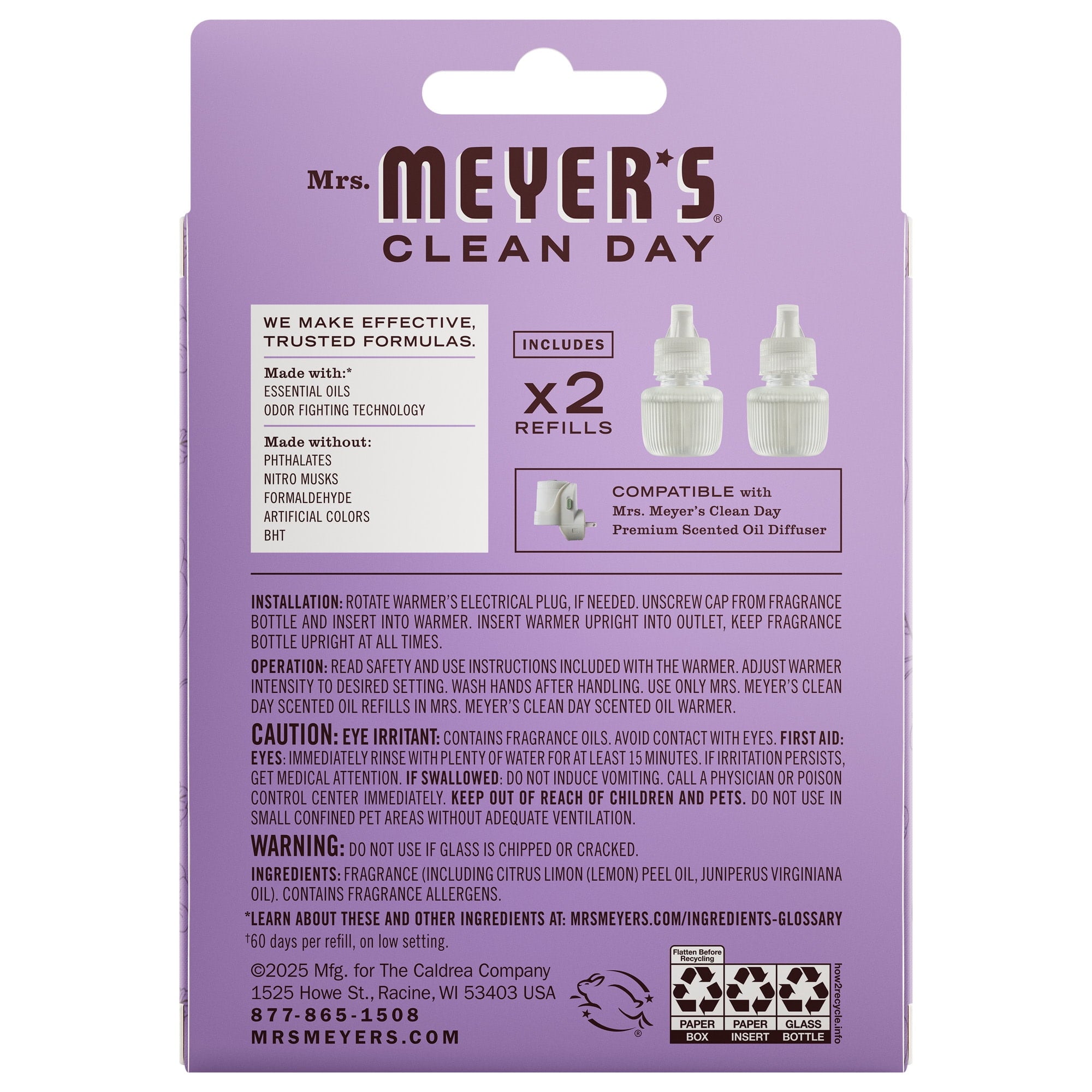 Mrs. Meyer's Clean Day Premium Scented Oil Plug-in Diffuser - Air Freshener Refills - Compassion Flower - 0.67 fl oz, 2 pack
