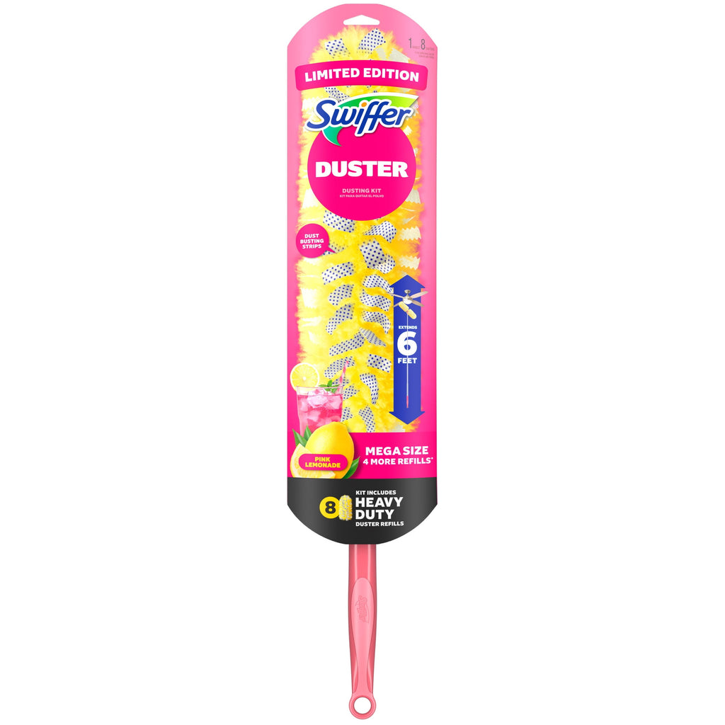 Swiffer Pink Limited Edition Duster Kit with 6 ft Super Extendable Handle - Heavy Duty Starter Kit with 8 Refills, Pink Lemonade Scent