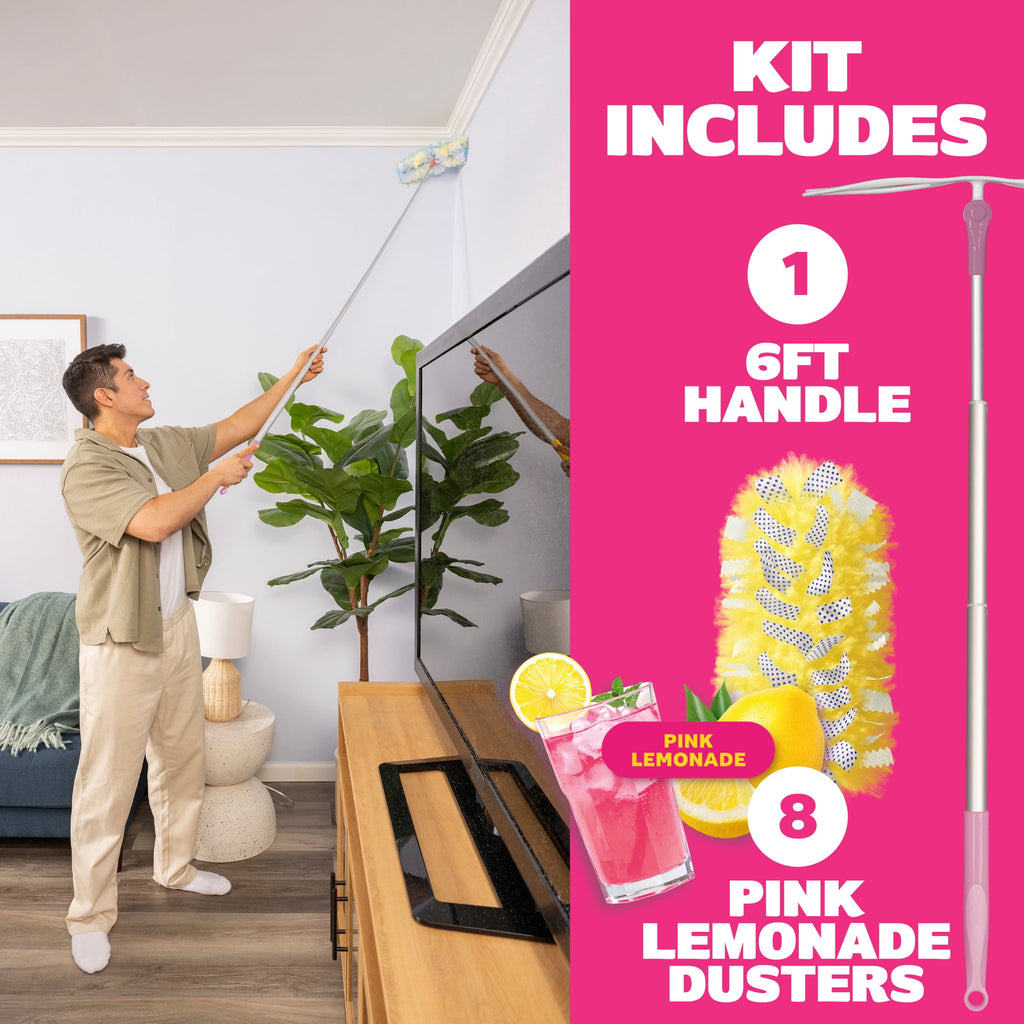 Swiffer Pink Limited Edition Duster Kit with 6 ft Super Extendable Handle - Heavy Duty Starter Kit with 8 Refills, Pink Lemonade Scent