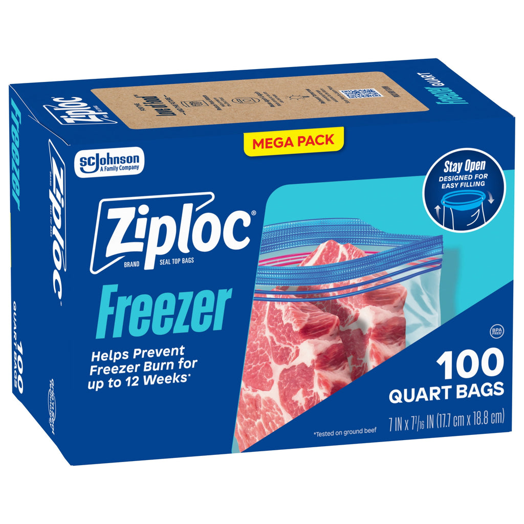 Ziploc Freezer Quart Food Storage Bags - School Supplies, Stay Open Design, Grip 'n Seal Technology, Zipper, 100 Count