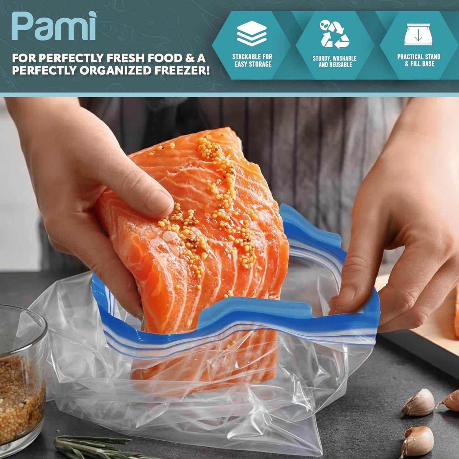 PAMI Extra-Thick Food Storage Bag with Double Zipper - 10 count Expandable Bottom Leakproof Plastic Gallon Ziploc Bags