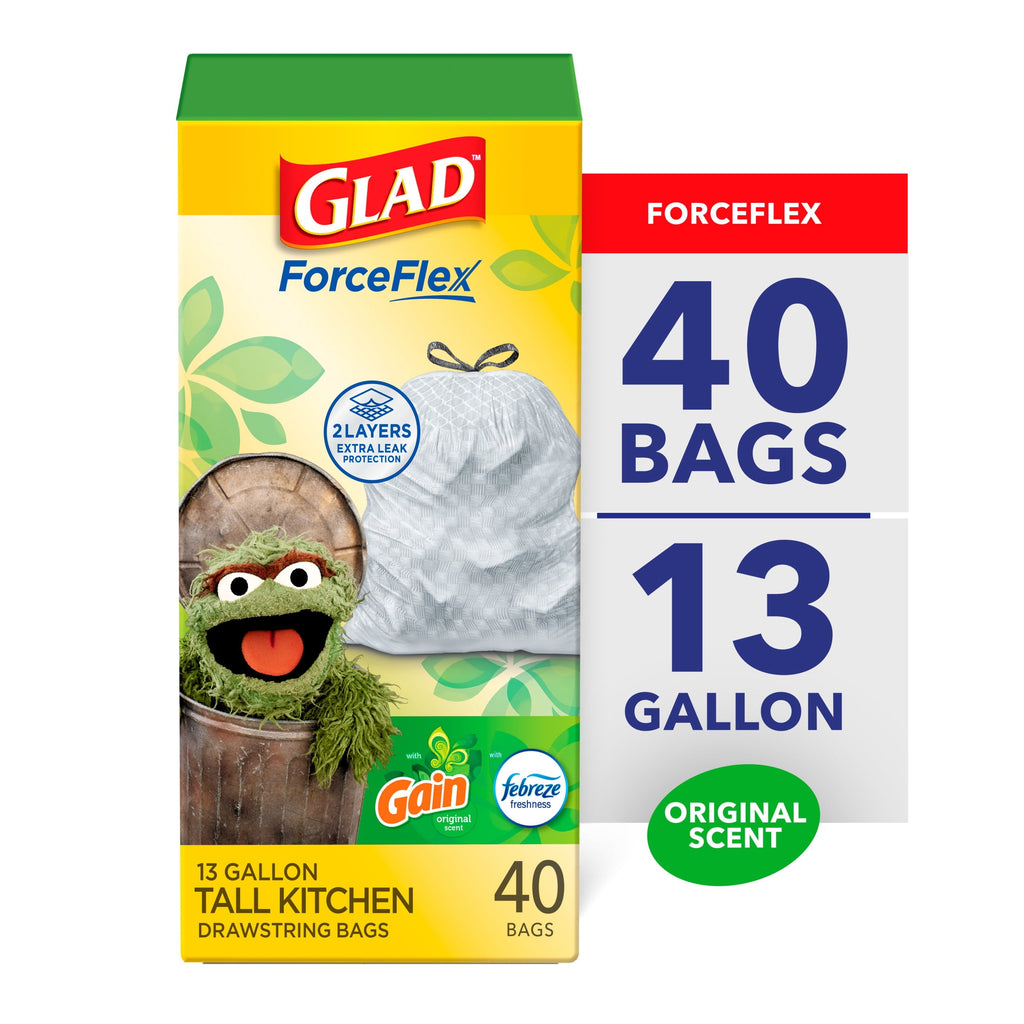 Glad ForceFlex Tall Kitchen Drawstring Trash Bags - 13 Gal, Gain Original with Febreze, 40 Count - 6-Pack