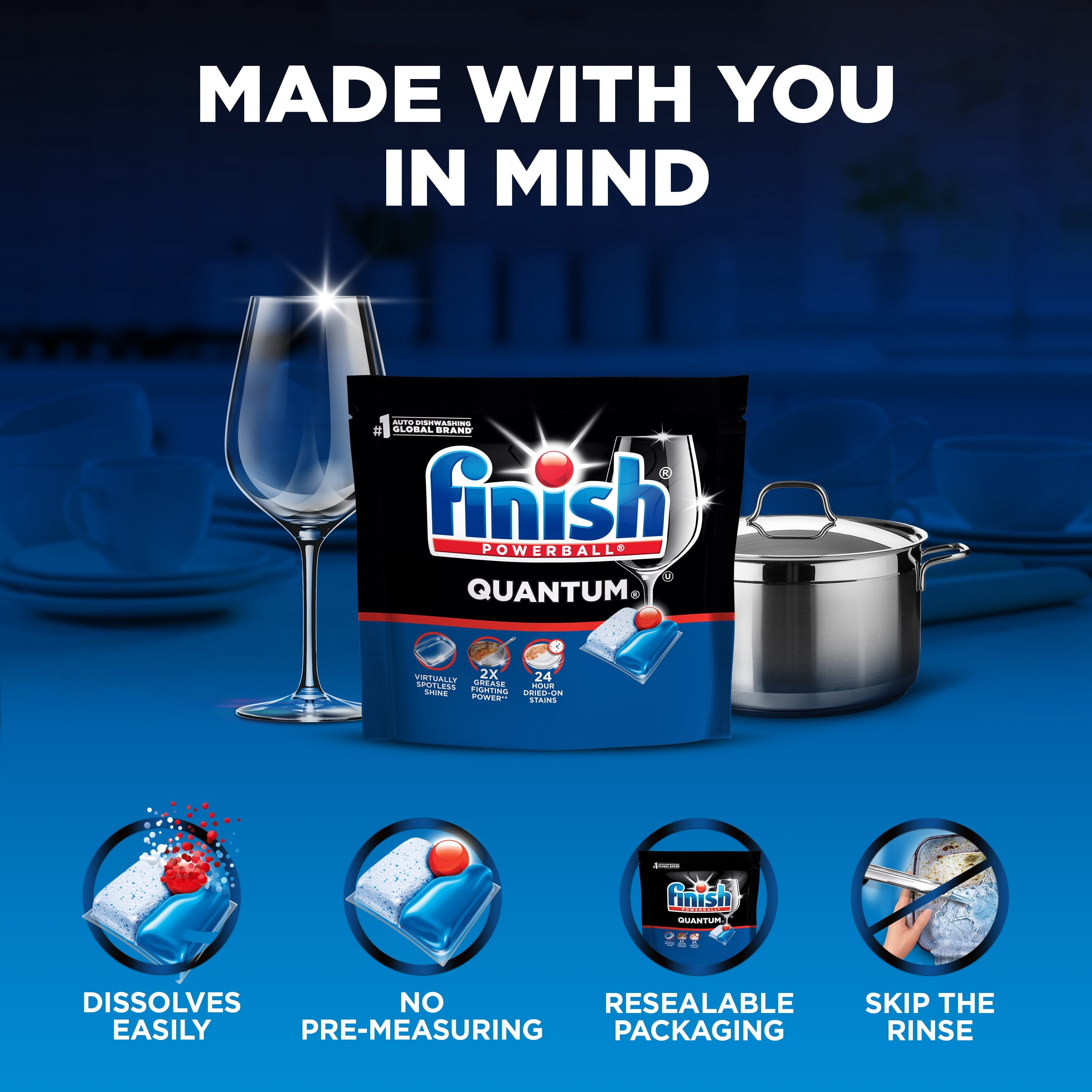Finish Quantum Dishwasher Pods - No Pre-Rinse Dishwasher Detergent Tabs Soap, Advanced Clean, 14 Count - 8-Pack