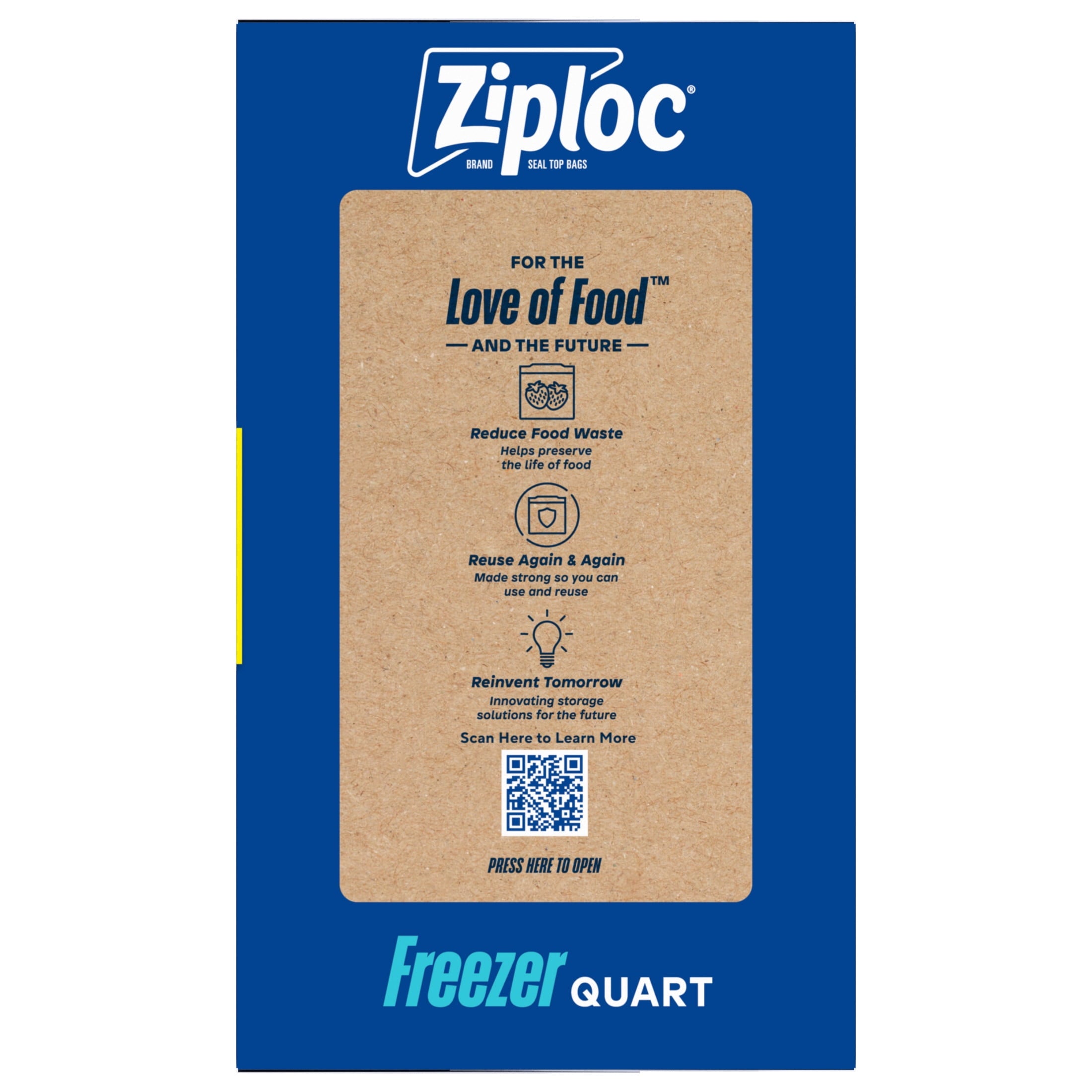 Ziploc Freezer Quart Food Storage Bags - School Supplies, Stay Open Design, Grip 'n Seal Technology, Zipper, 100 Count