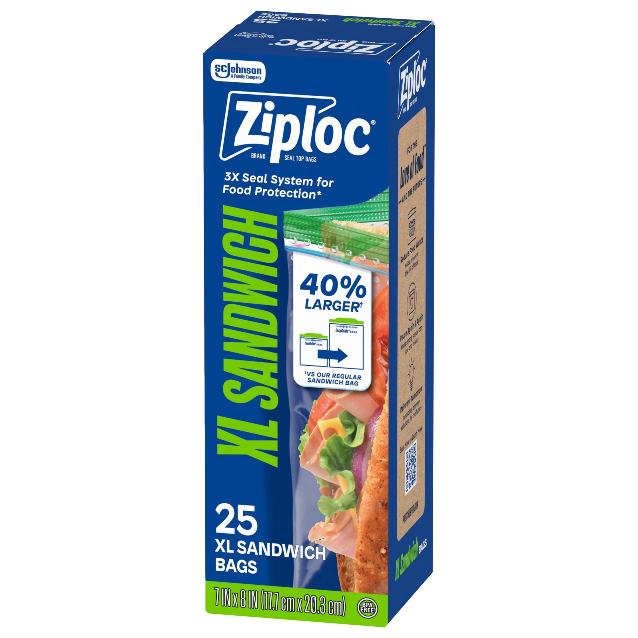 Ziploc® Brand XL Sandwich Bags with EasyGuide™ Texture - Grip 'n Seal Technology™, Food Storage, 25 Count