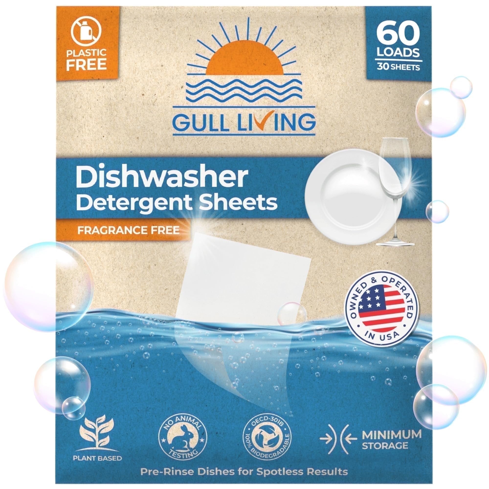 Gull living Eco-Friendly Dishwasher Detergent Sheets - Natural Dishwashing Detergent - Plant Based Dishwasher Soap Sheets - Unscented & Plastic Free Travel Size 60 Loads with Sustainable Packaging