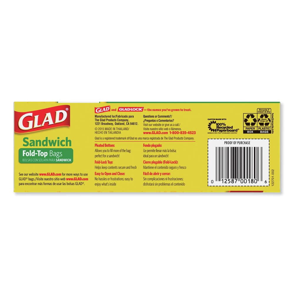 Glad 60771 Fold-Top Sandwich Bags - 6 1/2 x 5 1/2, Clear, 180 per Box, 12 Pack C33