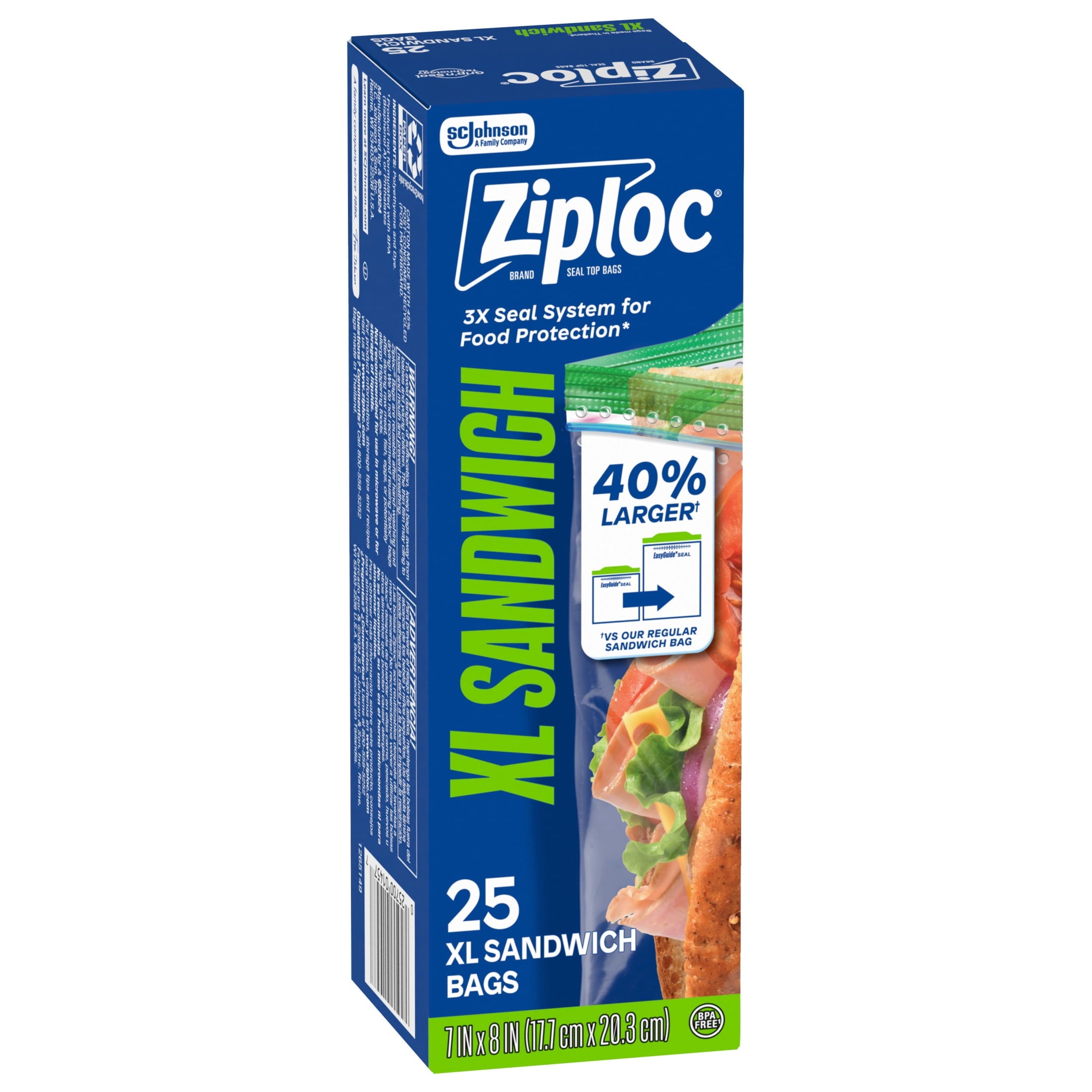 Ziploc® Brand XL Sandwich Bags with EasyGuide™ Texture - Grip 'n Seal Technology™, Food Storage, 25 Count
