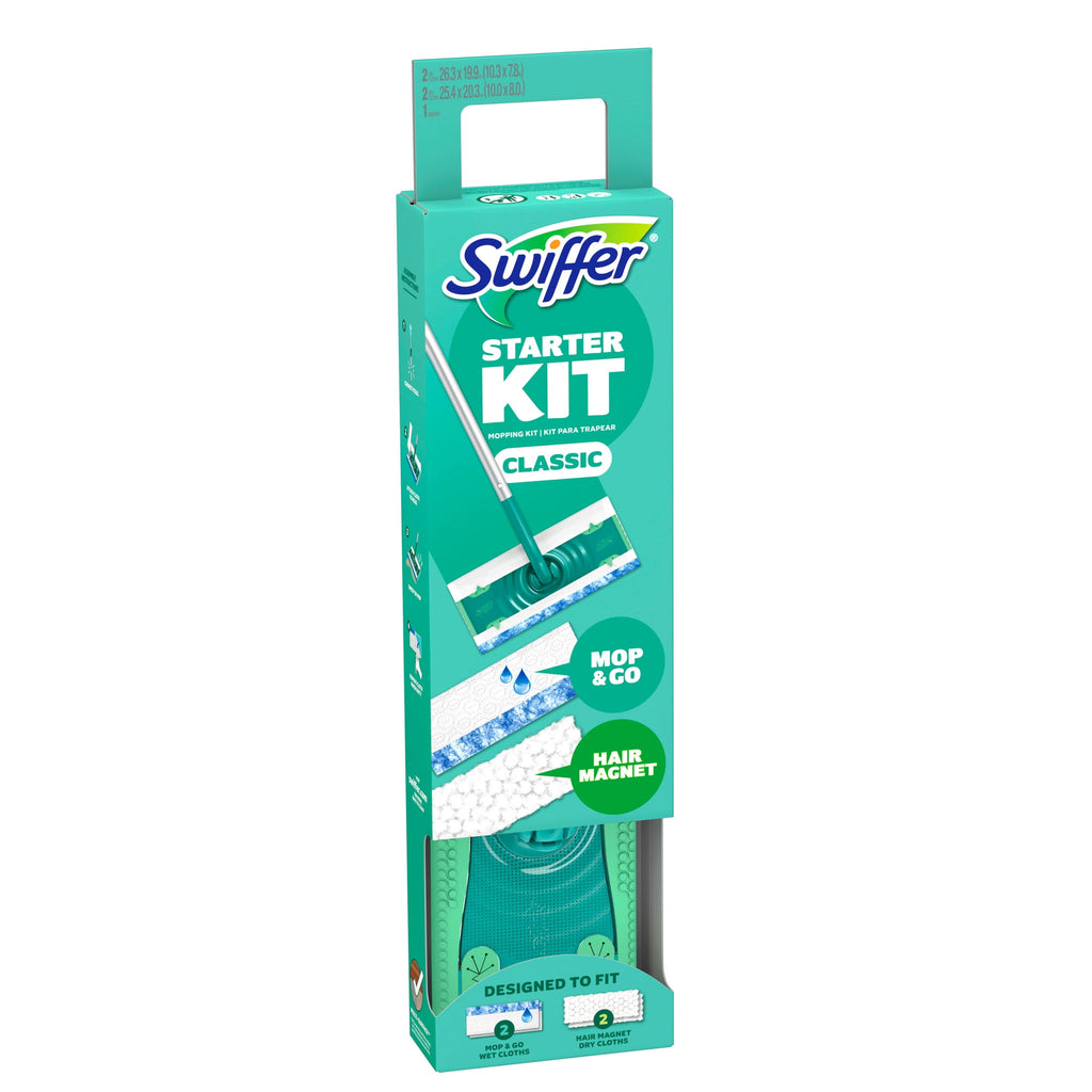 Swiffer Starter Classic Kit (1 Device - 2 Hair Magnet Dry Cloths, 2 Mop & Go Wet Cloths)