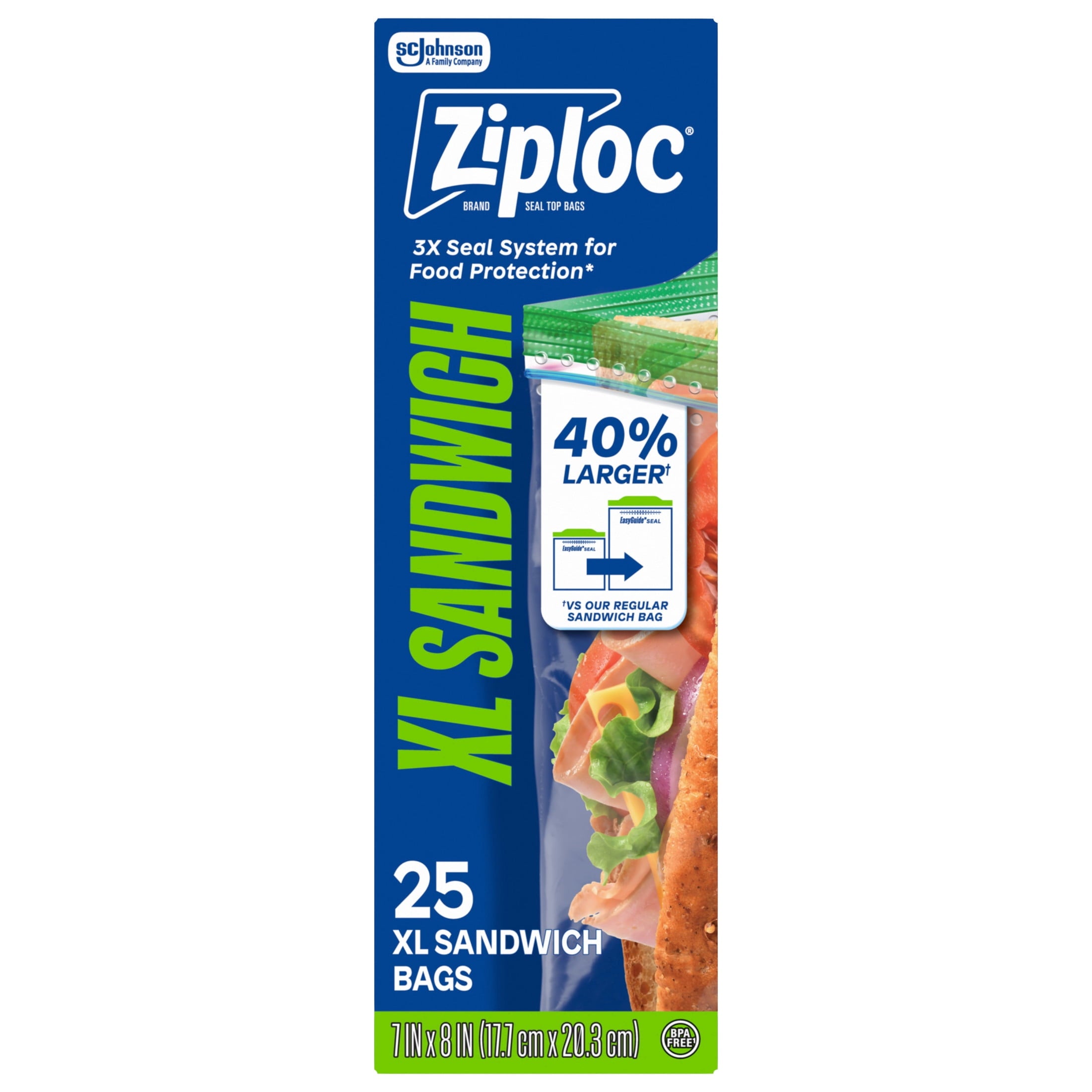 Ziploc® Brand XL Sandwich Bags with EasyGuide™ Texture - Grip 'n Seal Technology™, Food Storage, 25 Count