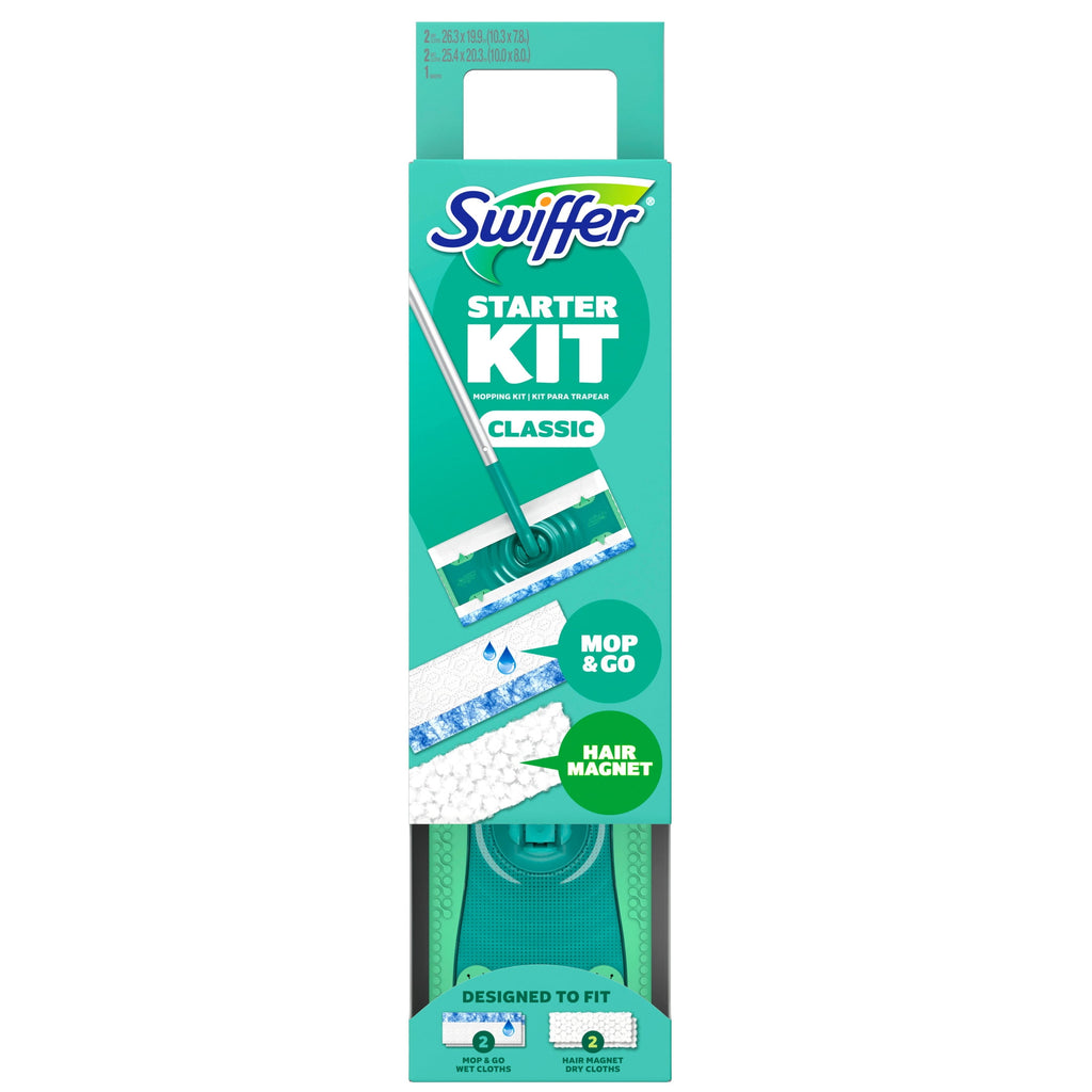 Swiffer Starter Classic Kit (1 Device - 2 Hair Magnet Dry Cloths, 2 Mop & Go Wet Cloths)