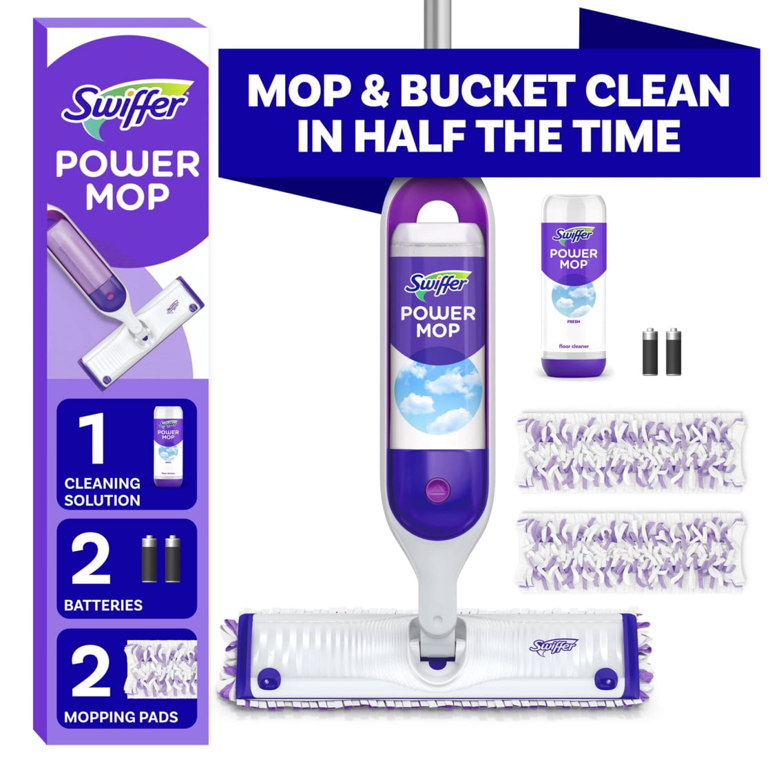 Swiffer Power Mop Floor Cleaner Bundle Includes 1 Spray Mop Device - 2 Lavender Scent Mopping Solutions 25.3 Fl Oz, 1 Fresh Scent Mopping Solution 25.3 Fl Oz & 7 Mop Pad Refills