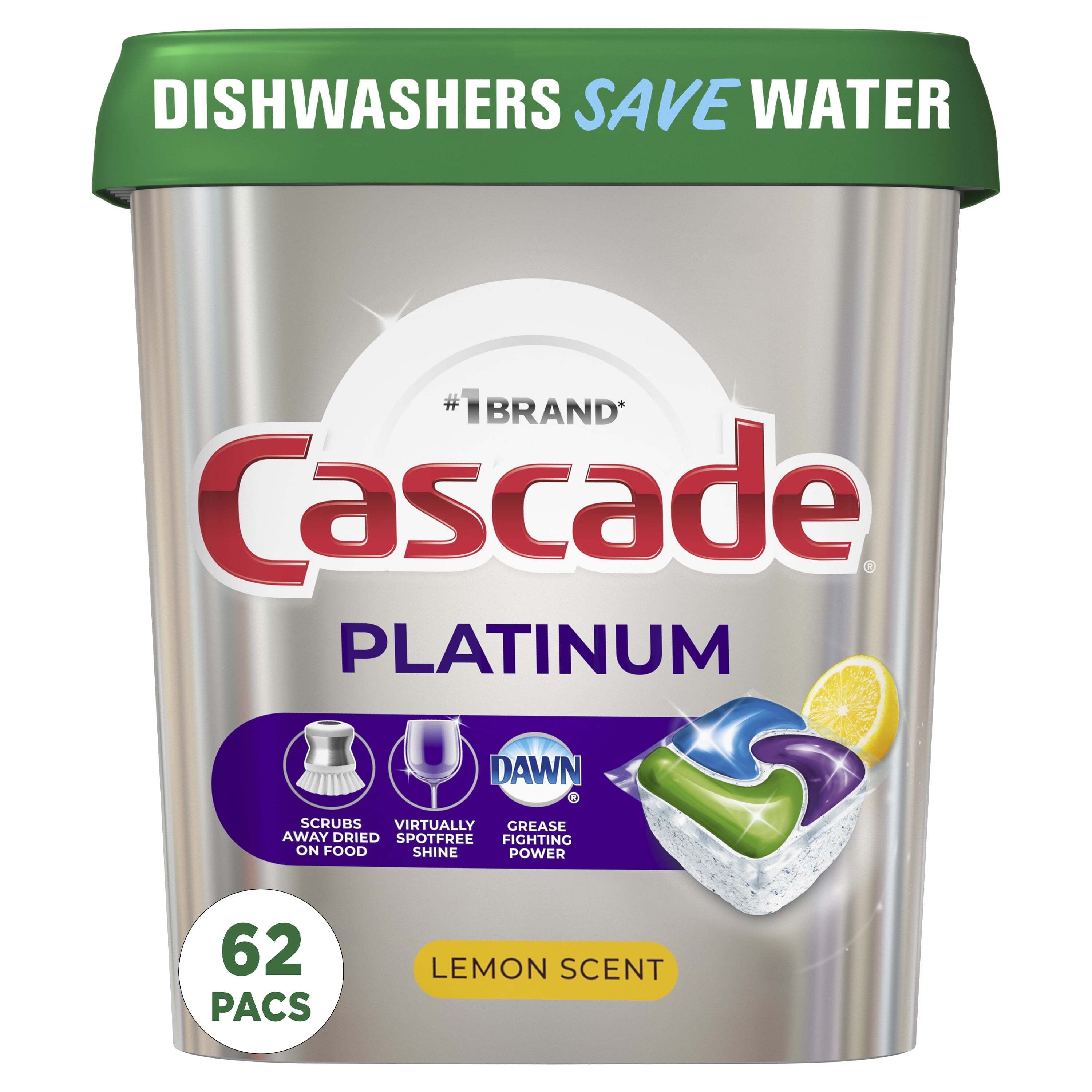 Cascade Platinum Dishwasher Pods - Action Pacs Dishwasher Detergent, Dishwasher Tabs, Lemon, 62 Count