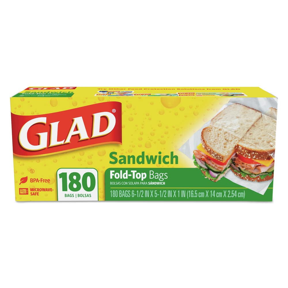 Glad 60771 Fold-Top Sandwich Bags - 6 1/2 x 5 1/2, Clear, 180 per Box, 12 Pack C33