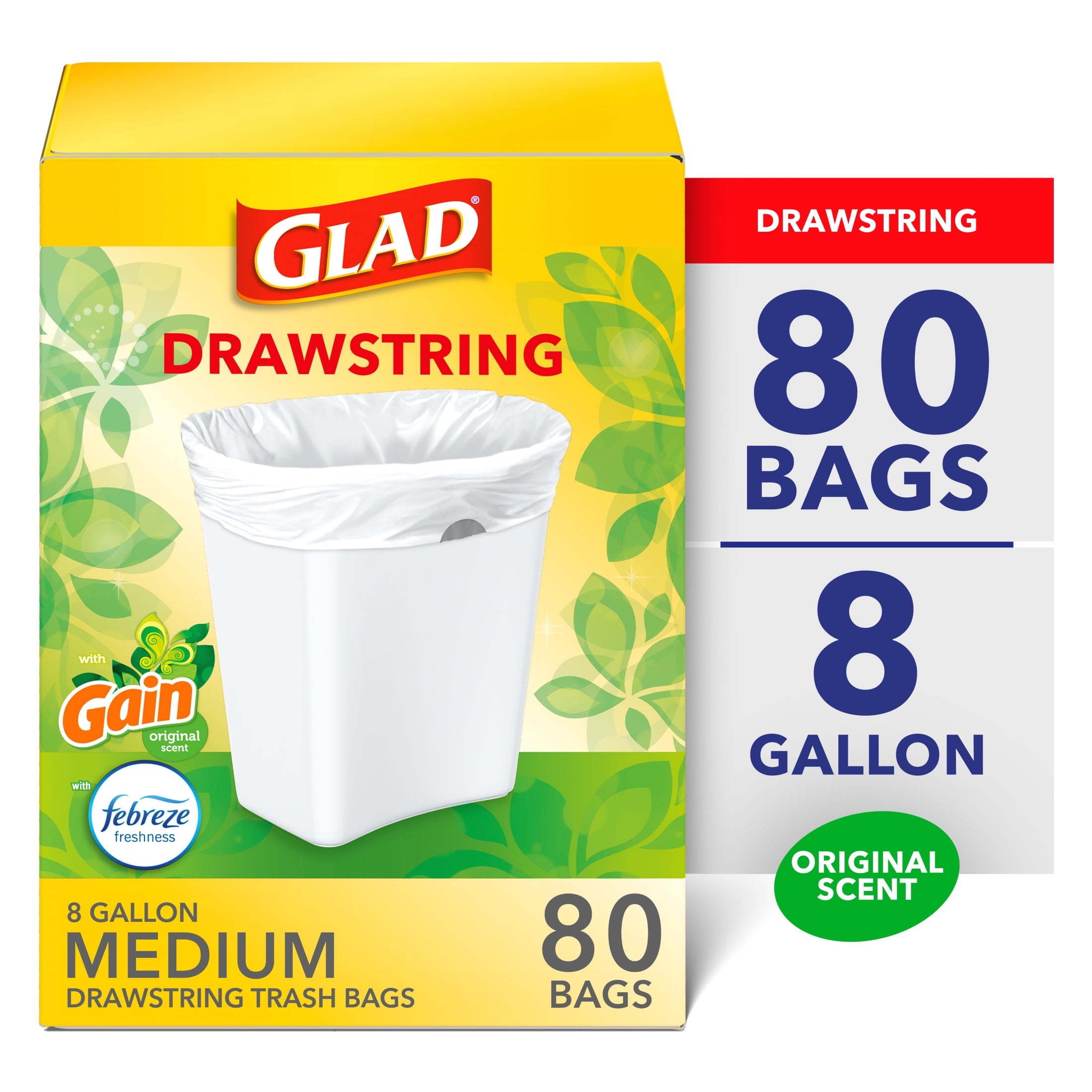 Glad Drawstring Medium Scented Trash Bags - 8 Gallon, Gain Original Scent With Febreze Freshness, 80 Bags