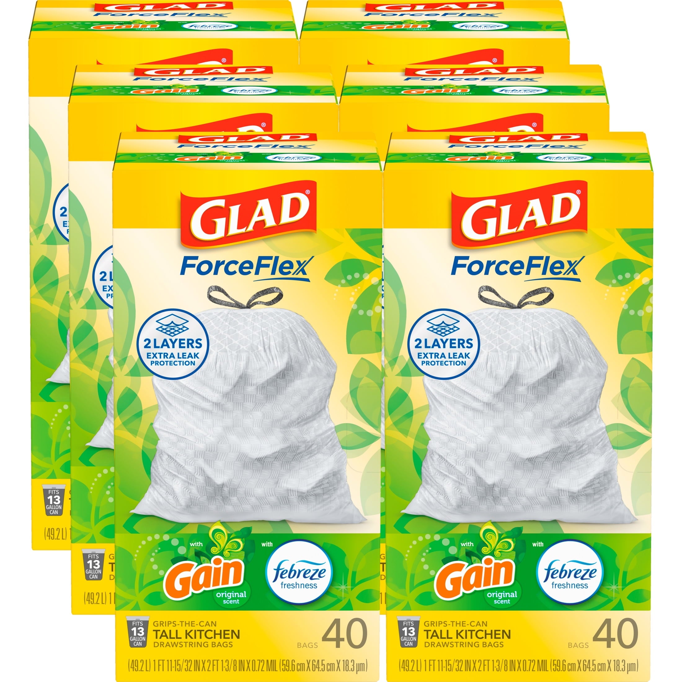 Glad ForceFlex Tall Kitchen Drawstring Trash Bags - 13 Gal, Gain Original with Febreze, 40 Count - 6-Pack
