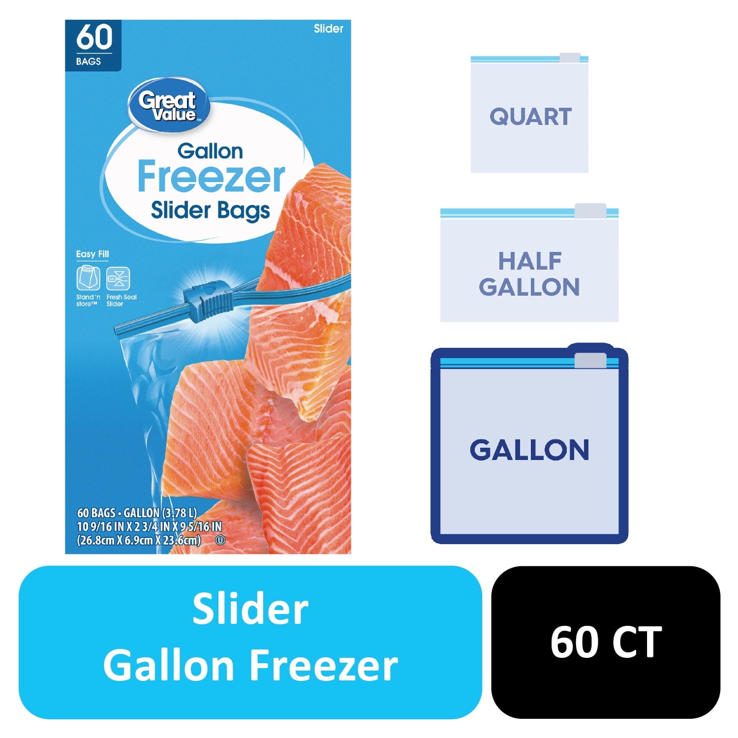 Great Value Gallon Freezer Slider Zipper Bags - 60 Count