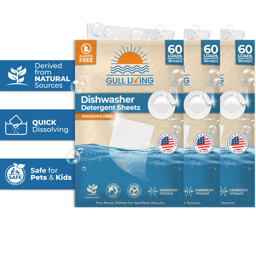 Gull living Eco-Friendly Dishwasher Detergent Sheets - Natural Dishwashing Detergent - Plant Based Dishwasher Soap Sheets - Unscented & Plastic Free Travel Size 180 Loads with Sustainable Packaging