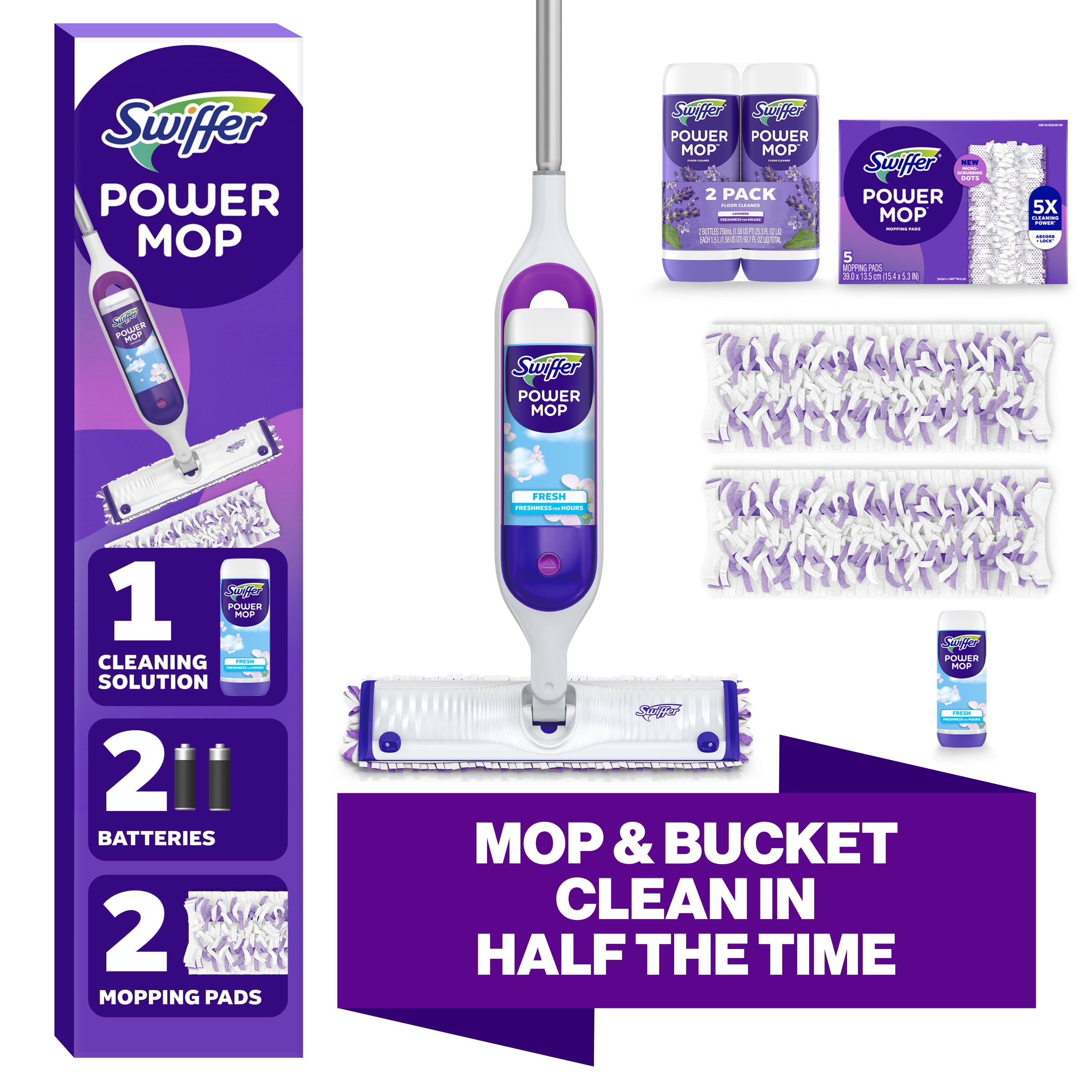 Swiffer Power Mop Floor Cleaner Bundle Includes 1 Spray Mop Device - 2 Lavender Scent Mopping Solutions 25.3 Fl Oz, 1 Fresh Scent Mopping Solution 25.3 Fl Oz & 7 Mop Pad Refills