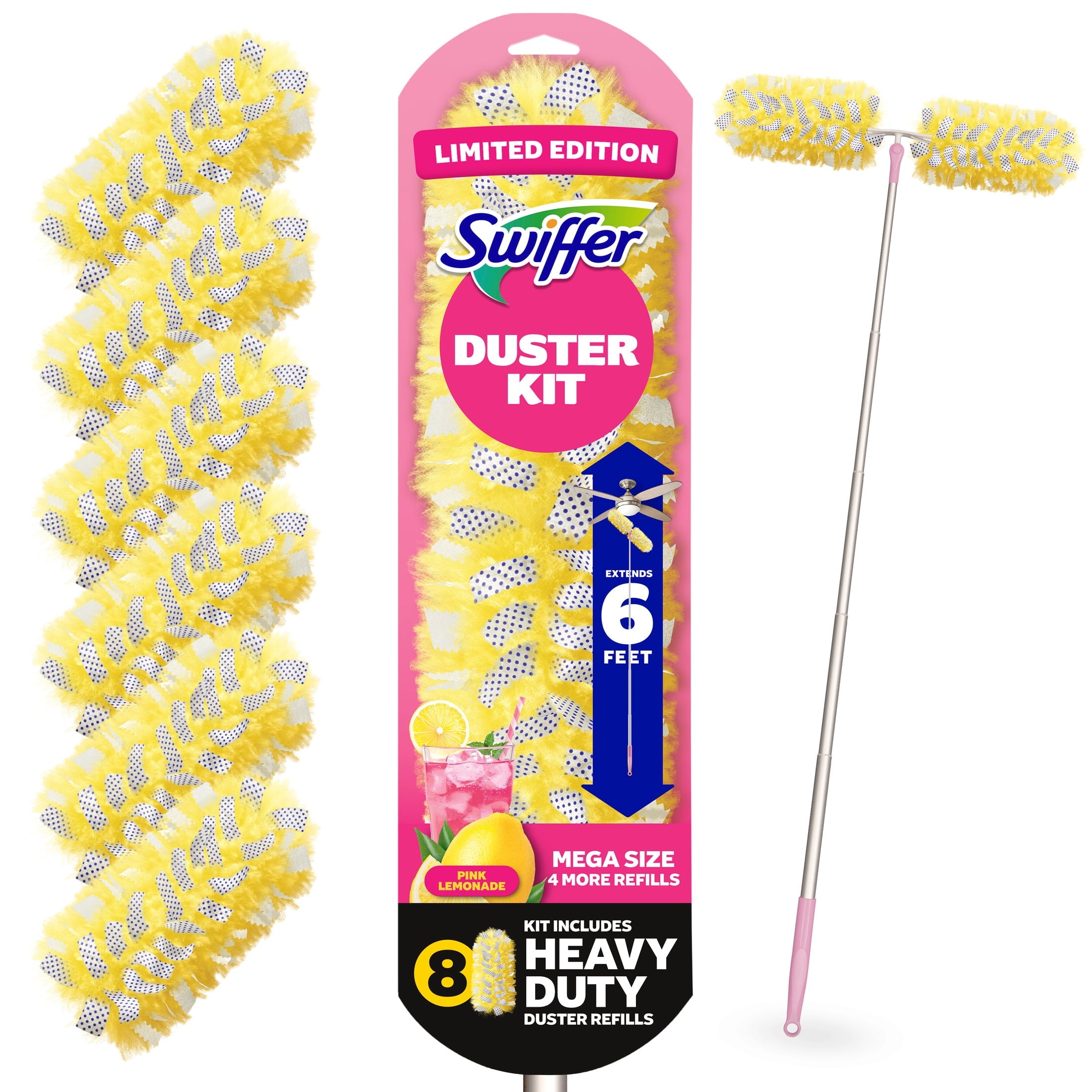 Swiffer Pink Limited Edition Duster Kit with 6 ft Super Extendable Handle - Heavy Duty Starter Kit with 8 Refills, Pink Lemonade Scent