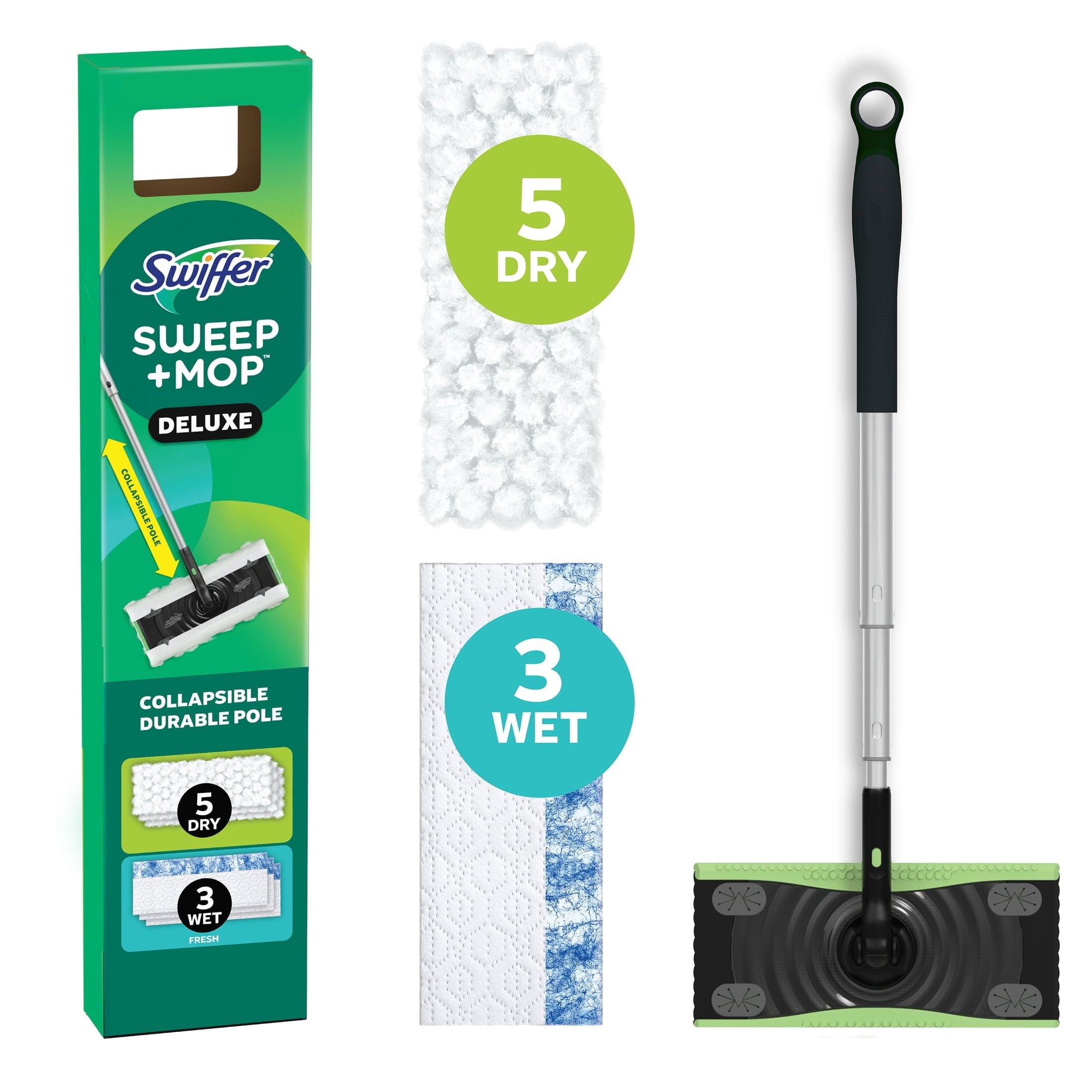 Swiffer Mop & Go Deluxe Kit with Dry & Wet Refills - 1 Handle + 2 Hair Magnet Dry Pads & Wet Pad Refills