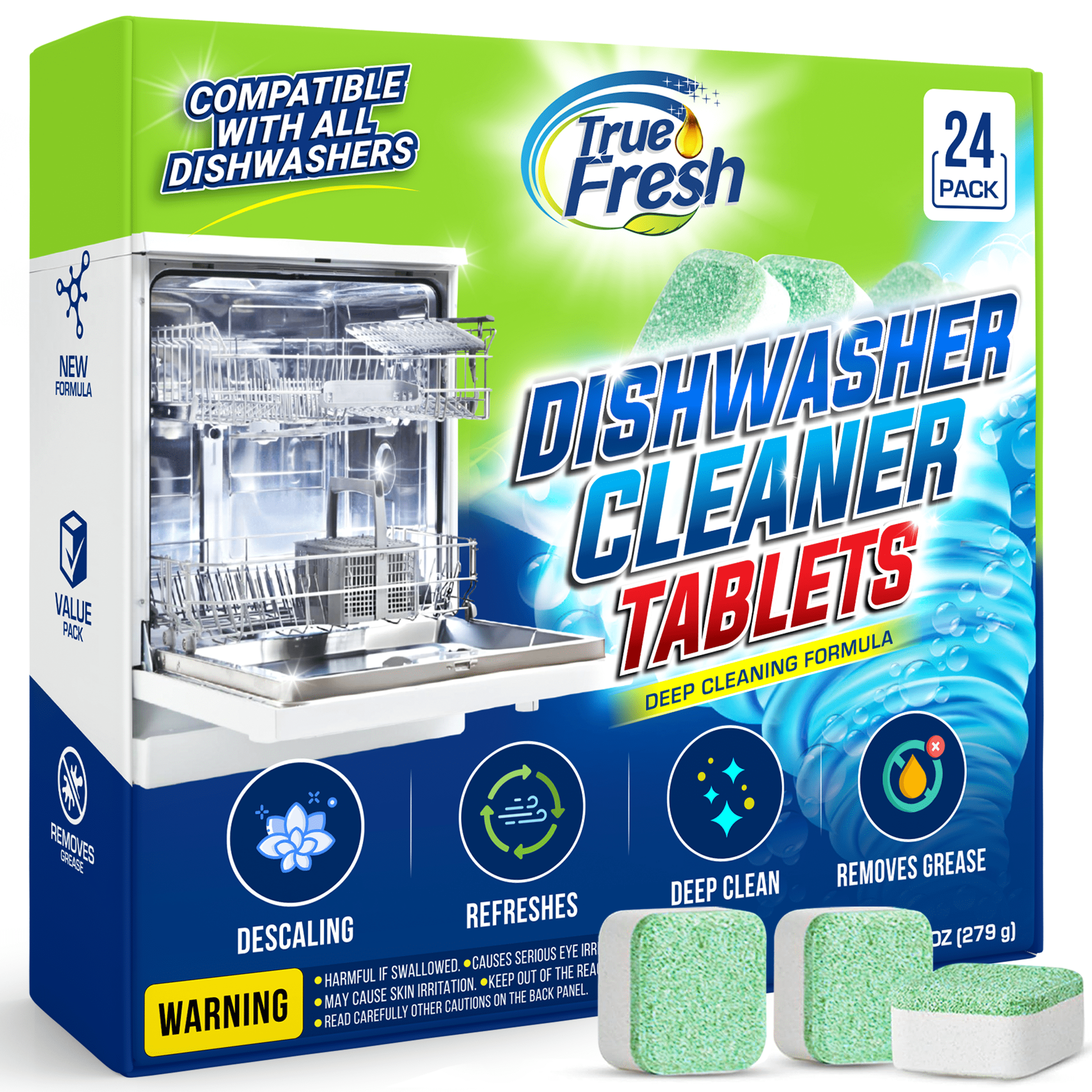 True Fresh Dishwasher Cleaner Tablets 24 Pack - Dishwasher Cleaner and Deodorizer to Descale - Remove Limescale and Buildups