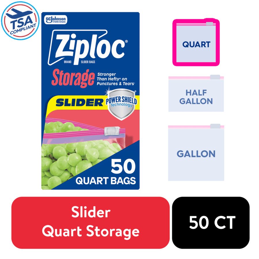 Ziploc Brand Slider Quart Food Storage Bags - School Supplies, with Power Shield Technology, Zipper, 50 Count