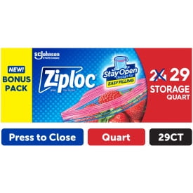 Ziploc® Brand Storage Bags with Stay Open Design - Quart, 29 Count, Patented Stand-up Bottom, Easy to Fill Food Storage Bags, Unloc a Free Set of Hands in the Kitchen, Microwave Safe, BPA Free